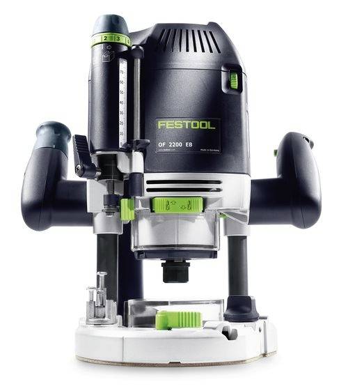 Eine schwarze und grüne Festool Oberfräse mit Doppelgriffen, ausgestattet mit einem Messgerät und Einstellknöpfen, entwickelt für präzise Holzbearbeitung.