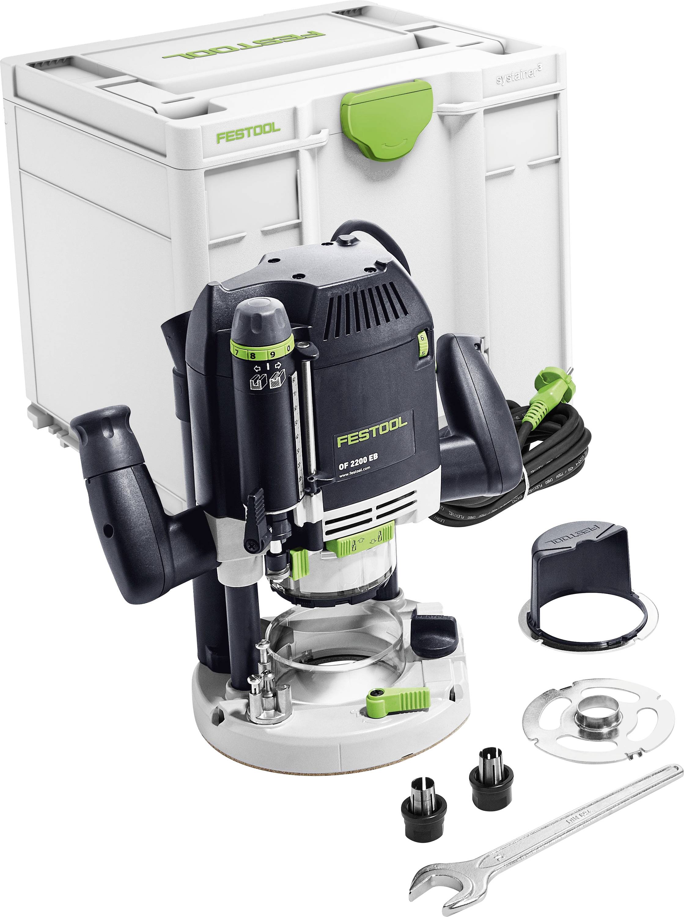 Ein Festool Fräser-Set, das die Fräse, das Netzkabel, die Schutzabdeckung, den Schraubenschlüssel und zusätzliche Teile zeigt, mit einem Transportkoffer im Hintergrund.