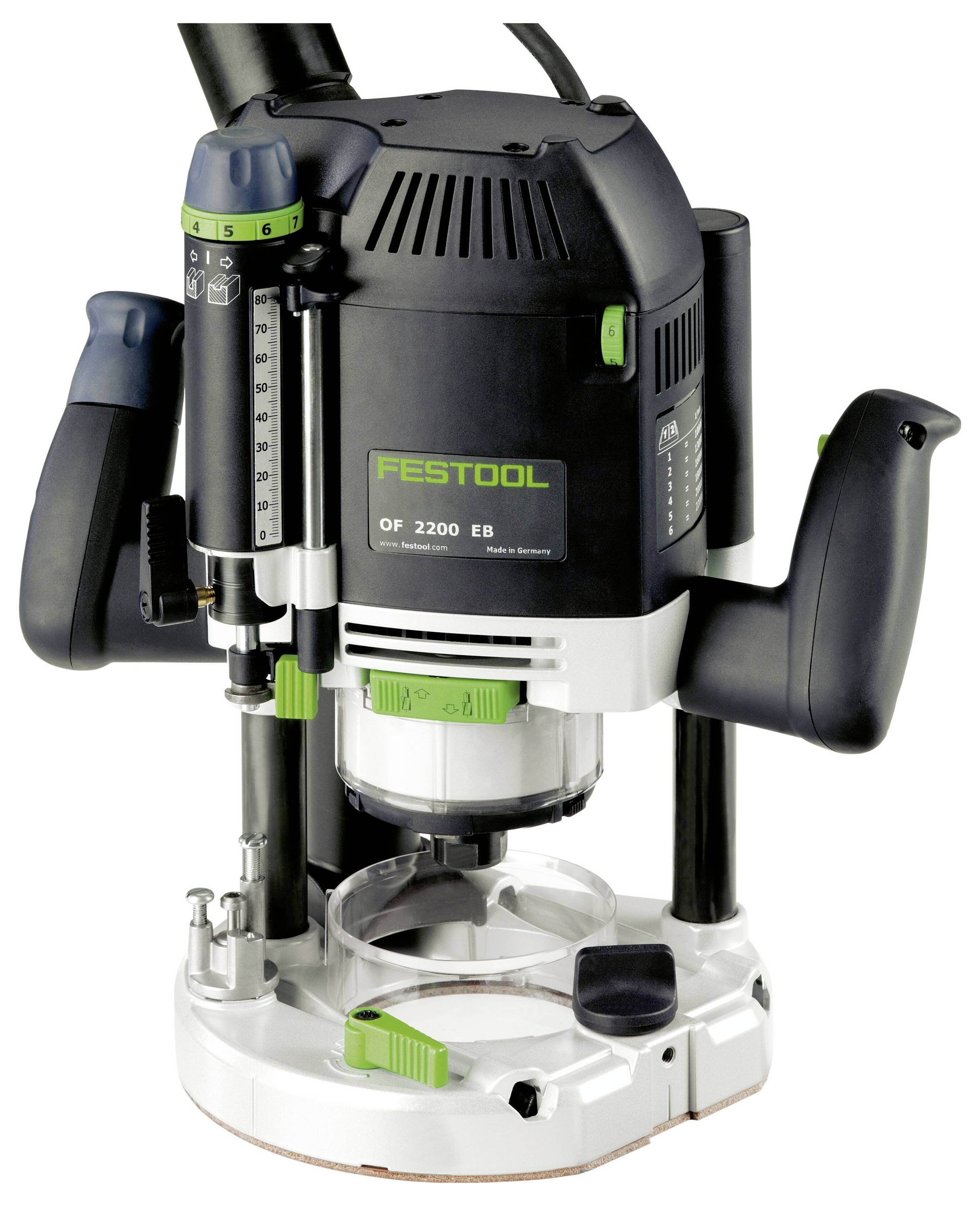 Ein Festool OF 2200 EB Oberfräser mit ergonomischen Griffen, Tiefenverstellung und präzisen Schnittfähigkeiten, entwickelt für Holzbearbeitungsaufgaben.