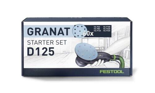 Festool Granat Starterpaket D125 mit Bild einer Hand, die einen Schleifer hält. Enthält 60 Schleifpads in den Körnungen P180, P220, P320, P400.