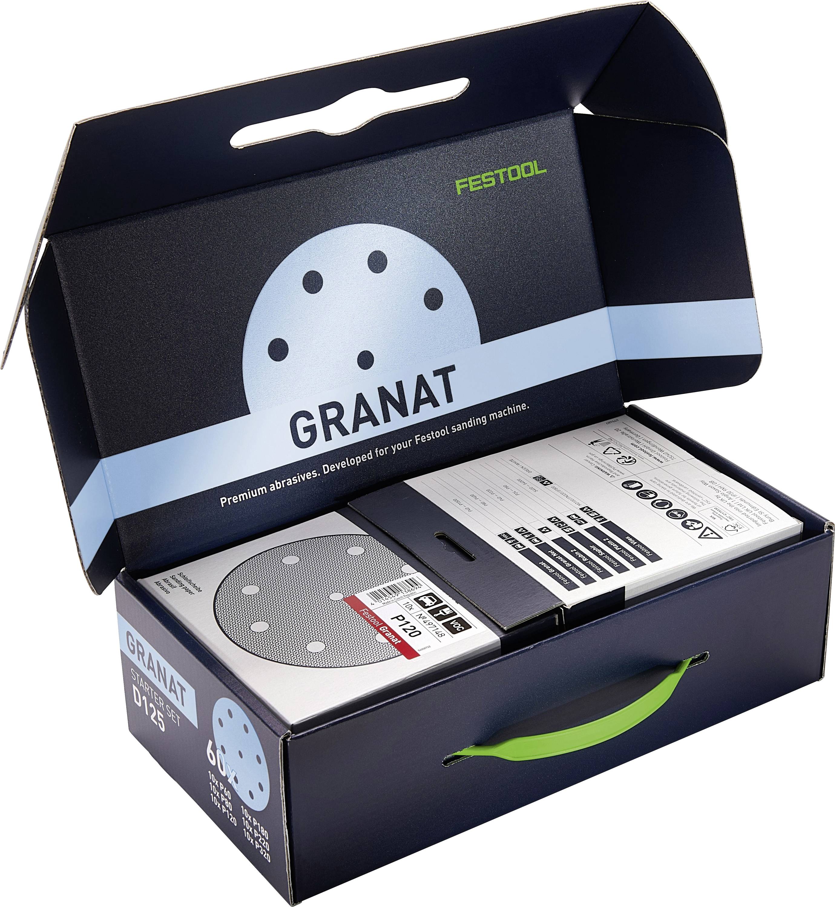Geöffnete Box mit Festool Granat Schleifscheiben, die Premium-Schleifmittel hervorhebt. Enthält einen Satz kreisförmiger Scheiben, die für Schleifmaschinen entwickelt wurden.
