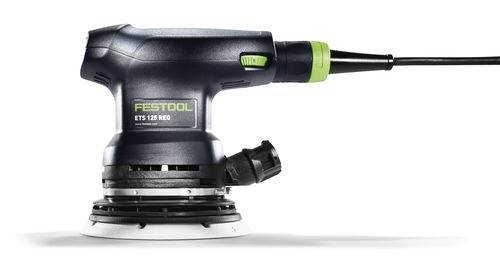 Festool ETS 125 REQ Exzenterschleifer mit angeschlossenem Netzkabel, entwickelt für glatte Oberflächen und präzises Schleifen bei Holzbearbeitungsaufgaben.