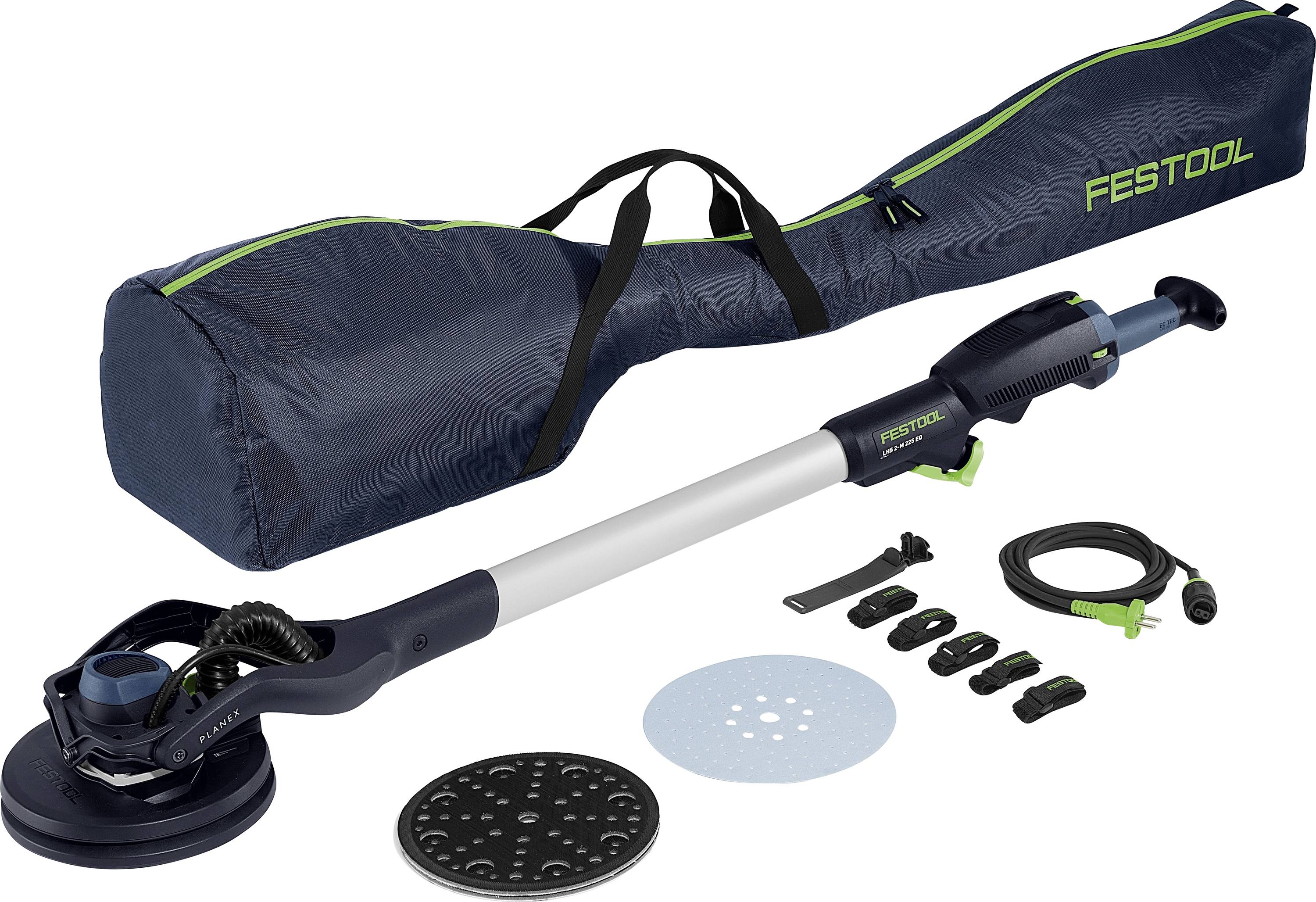 Ein elektrischer Trockenbauschleifer mit einem ausziehbaren Griff wird gezeigt, einschließlich Zubehör wie einer Transporttasche, zwei Schleifscheiben und einem Netzkabel.