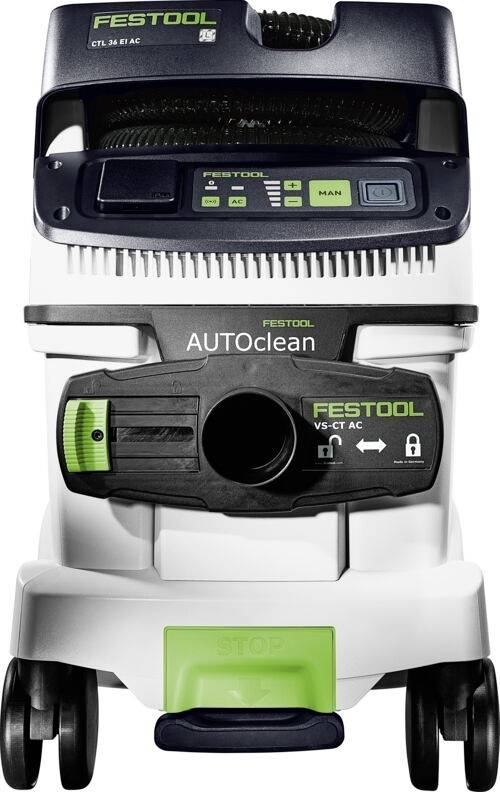 Ein weißer und schwarzer Festool CTL 36 E AC Staubsauger mit Rädern und einem grünen Griff, der für automatische Reinigung konzipiert ist.