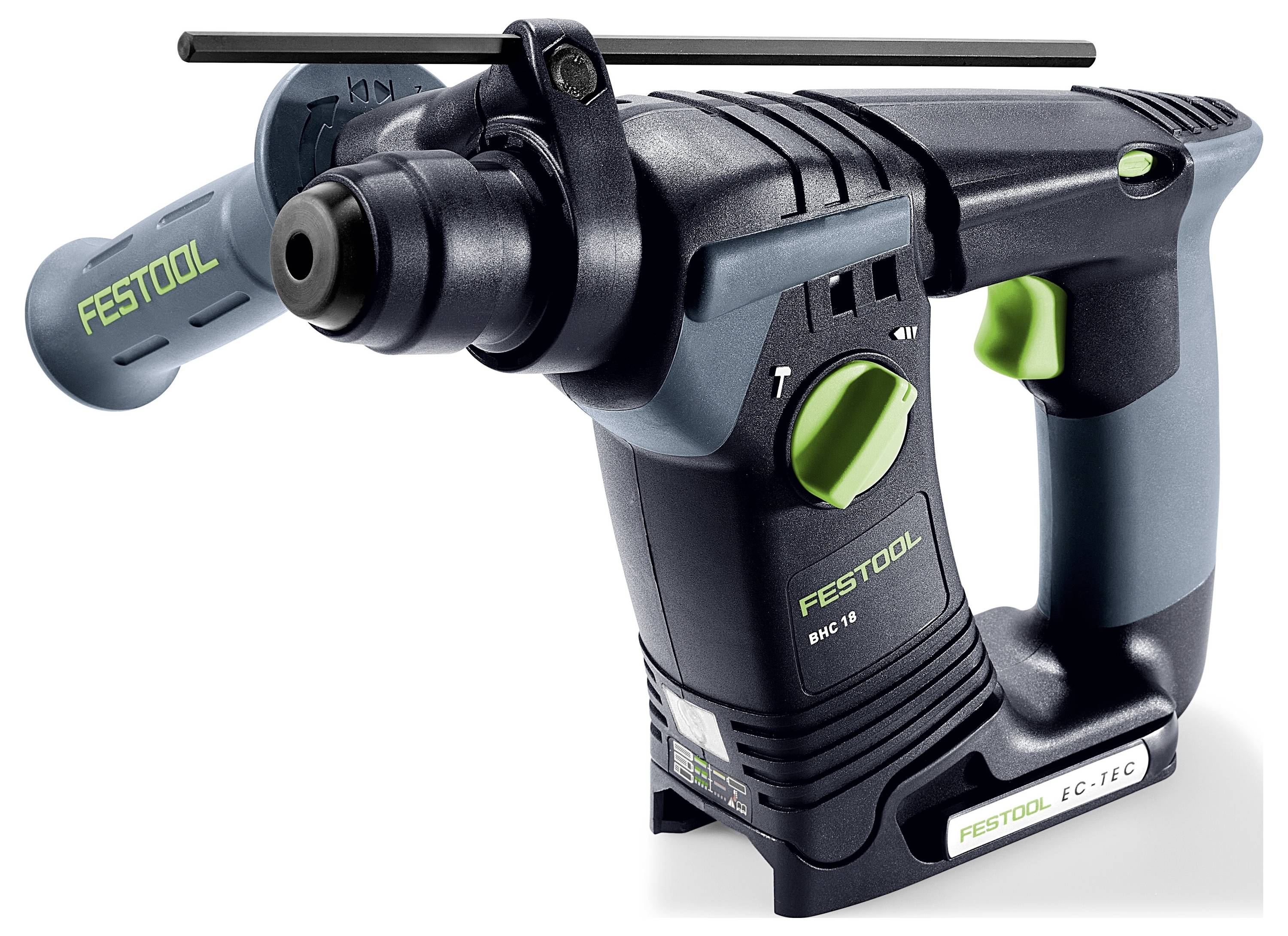 Eine blaue und schwarze Bohrmaschine mit grünem Auslöser und Griff, beschriftet mit 'Festool'. Sie ist für präzises Bohren und Bauaufgaben konzipiert.