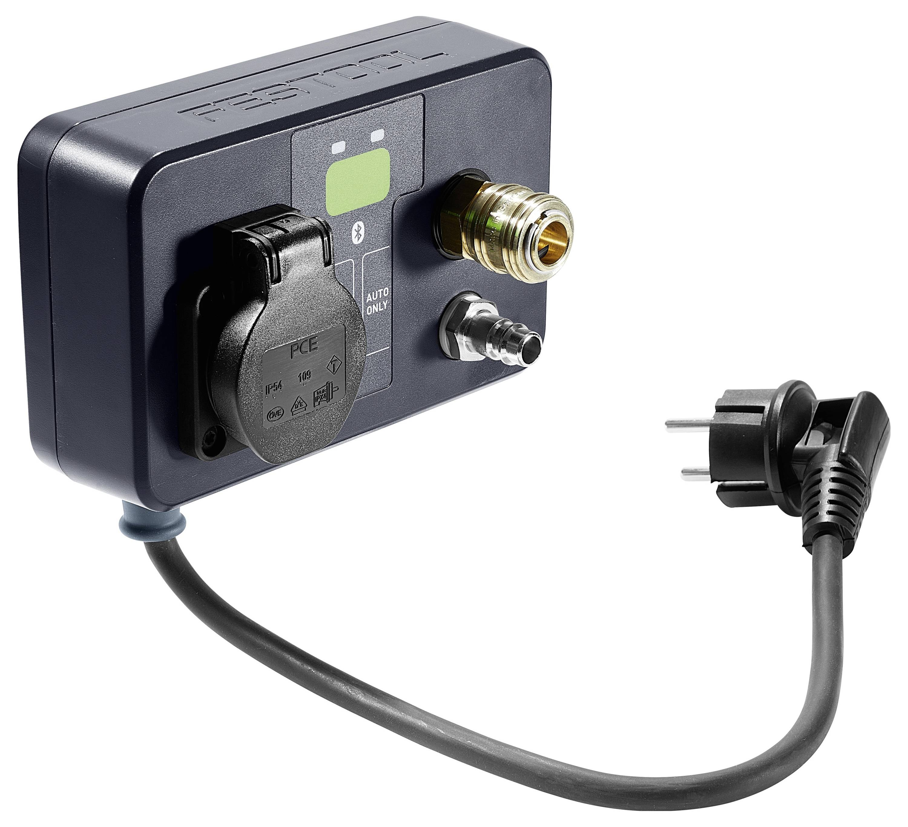 Ein schwarzes und graues elektrisches Gerät mit verschiedenen Anschlüssen, darunter eine Stromsteckdose, ein Luftschlauch und ein Stecker, wahrscheinlich zur Werkzeuganbindung verwendet.