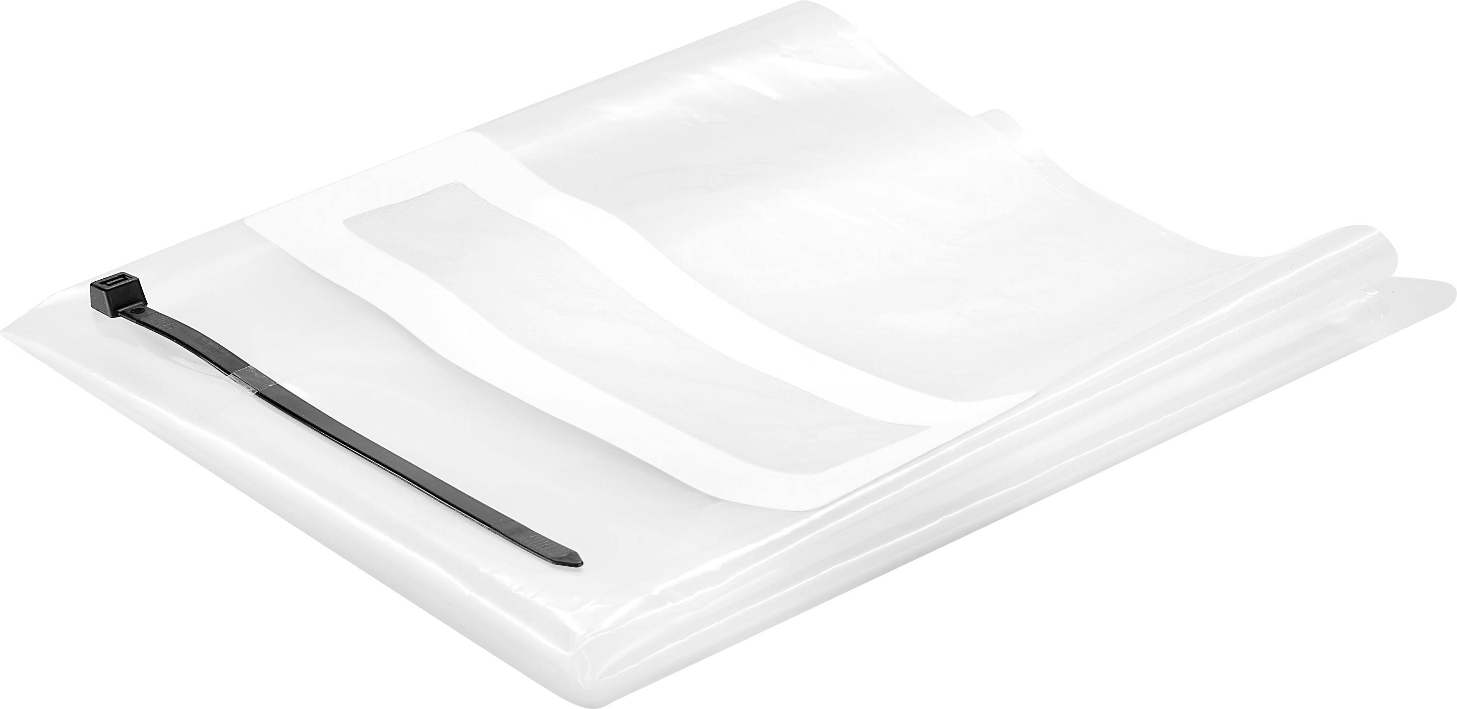 Ein gefaltetes weißes Plastikblatt mit einem langen schwarzen Kabelbinder, der daneben liegt.