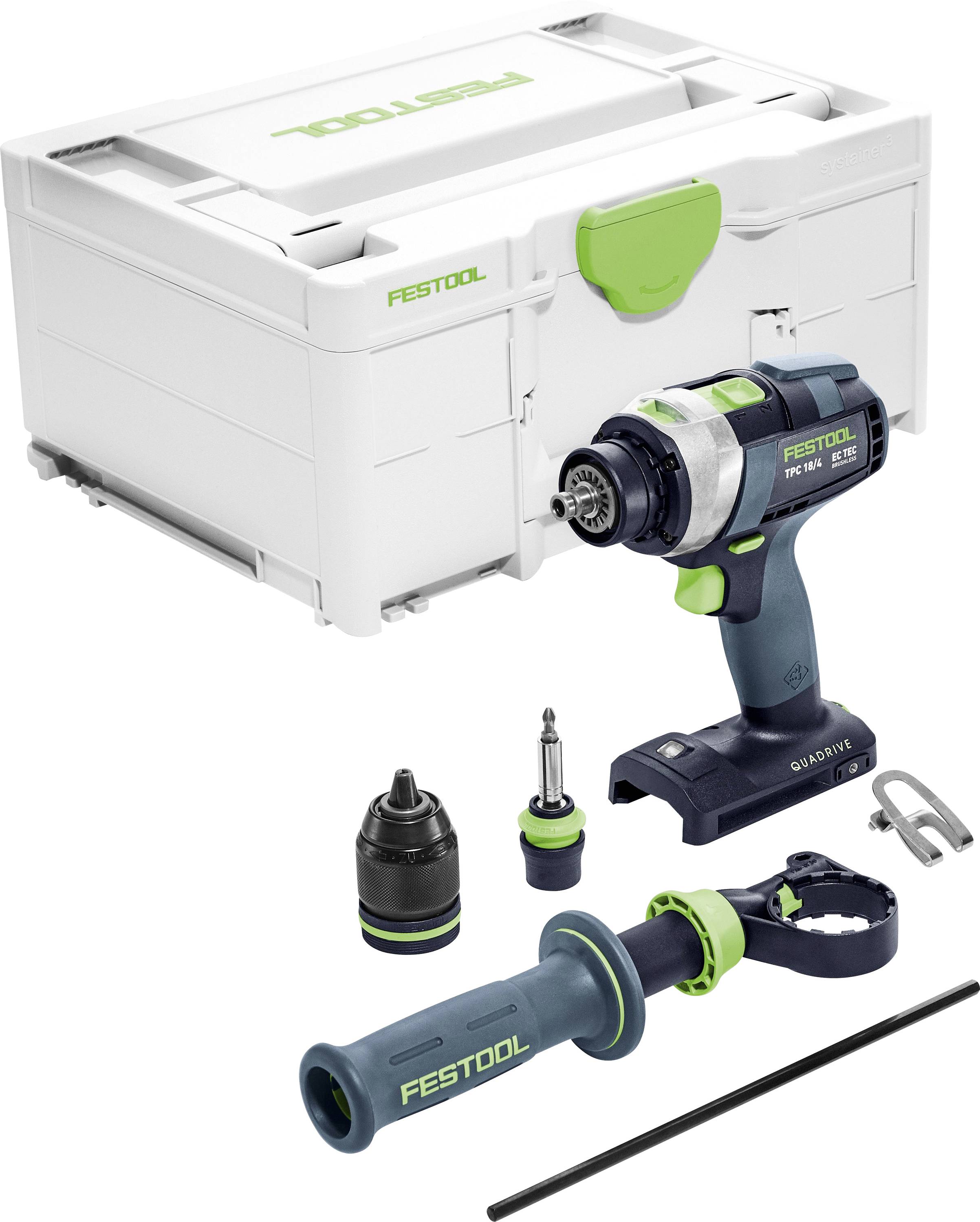 Ein Festool Akku-Bohrschrauber-Set mit Bohrmaschine, Zubehör und einem Transportkoffer, präsentiert Werkzeuge für professionelle oder Do-it-yourself-Projekte.