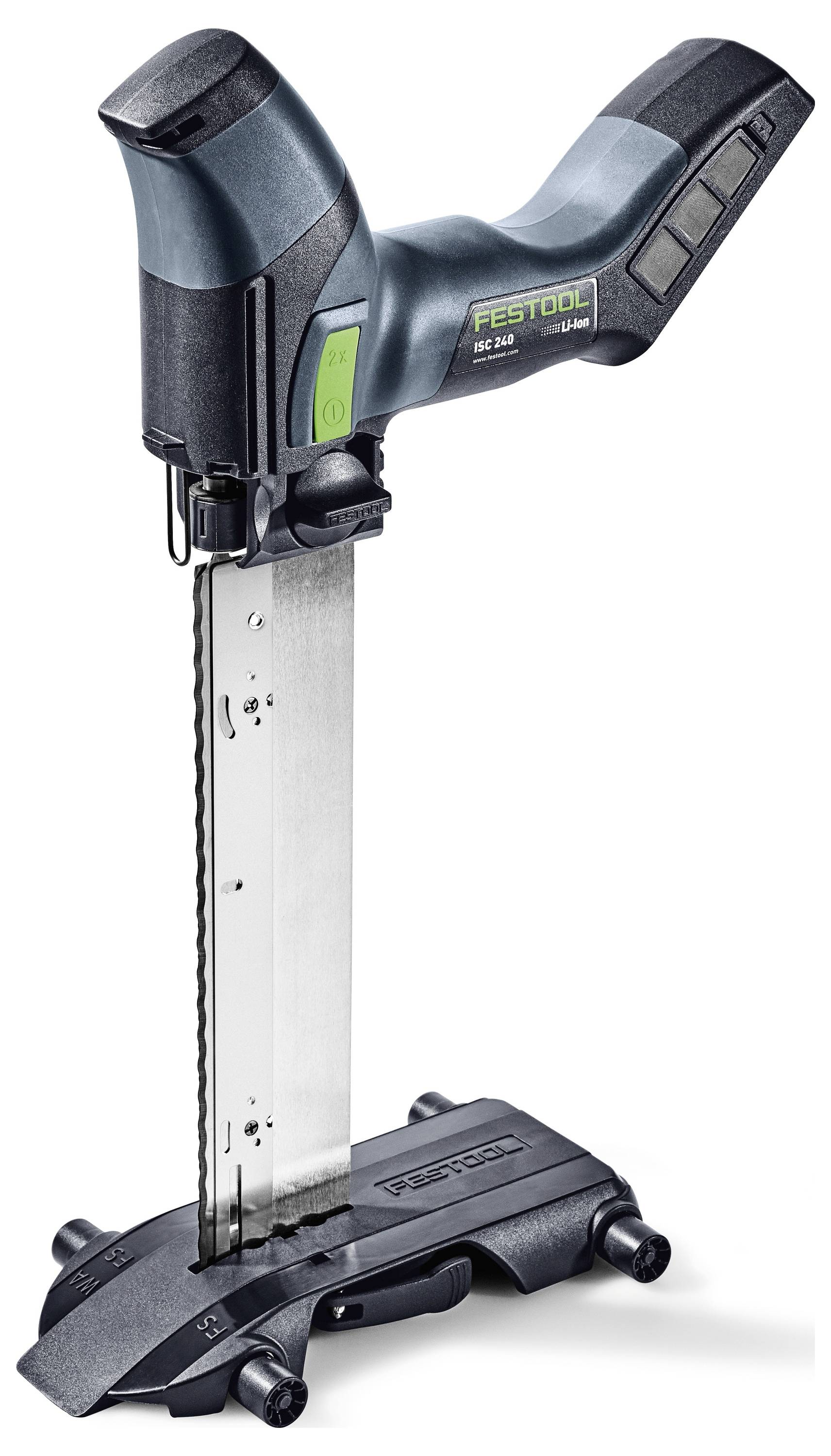 Ein schwarzer und grüner Festool Trockenbau-Schneidewerkzeug mit vertikaler Klinge und ergonomischem Griff, entwickelt für präzises und einfaches Schneiden.