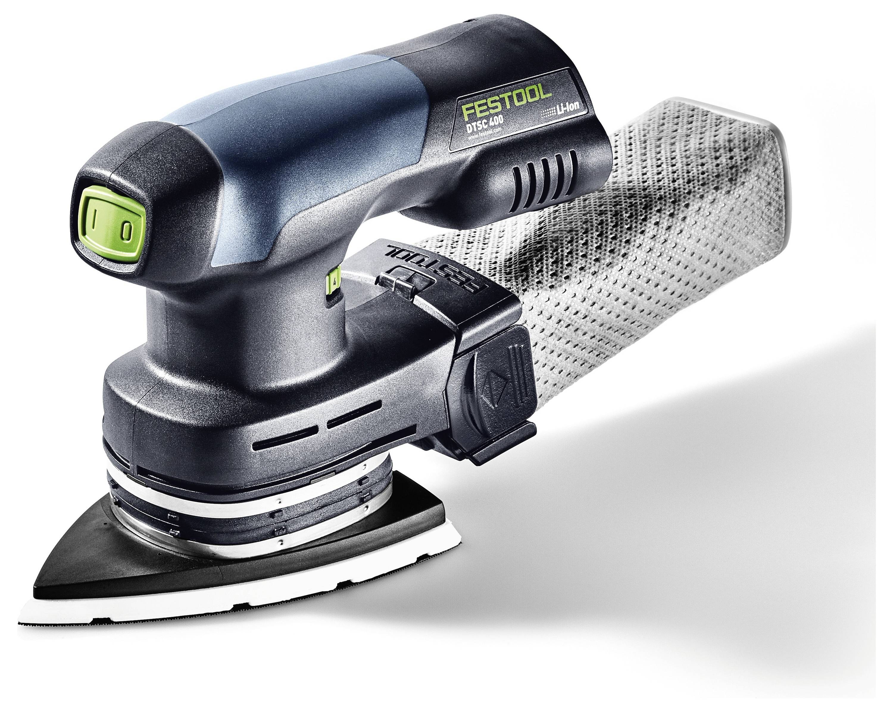 Festool ETSC 125 Akku-Schleifer, dreieckiger Schleifteller, ergonomisches Design, integrierter Staubbeutel, geeignet für vielseitige Schleifaufgaben.