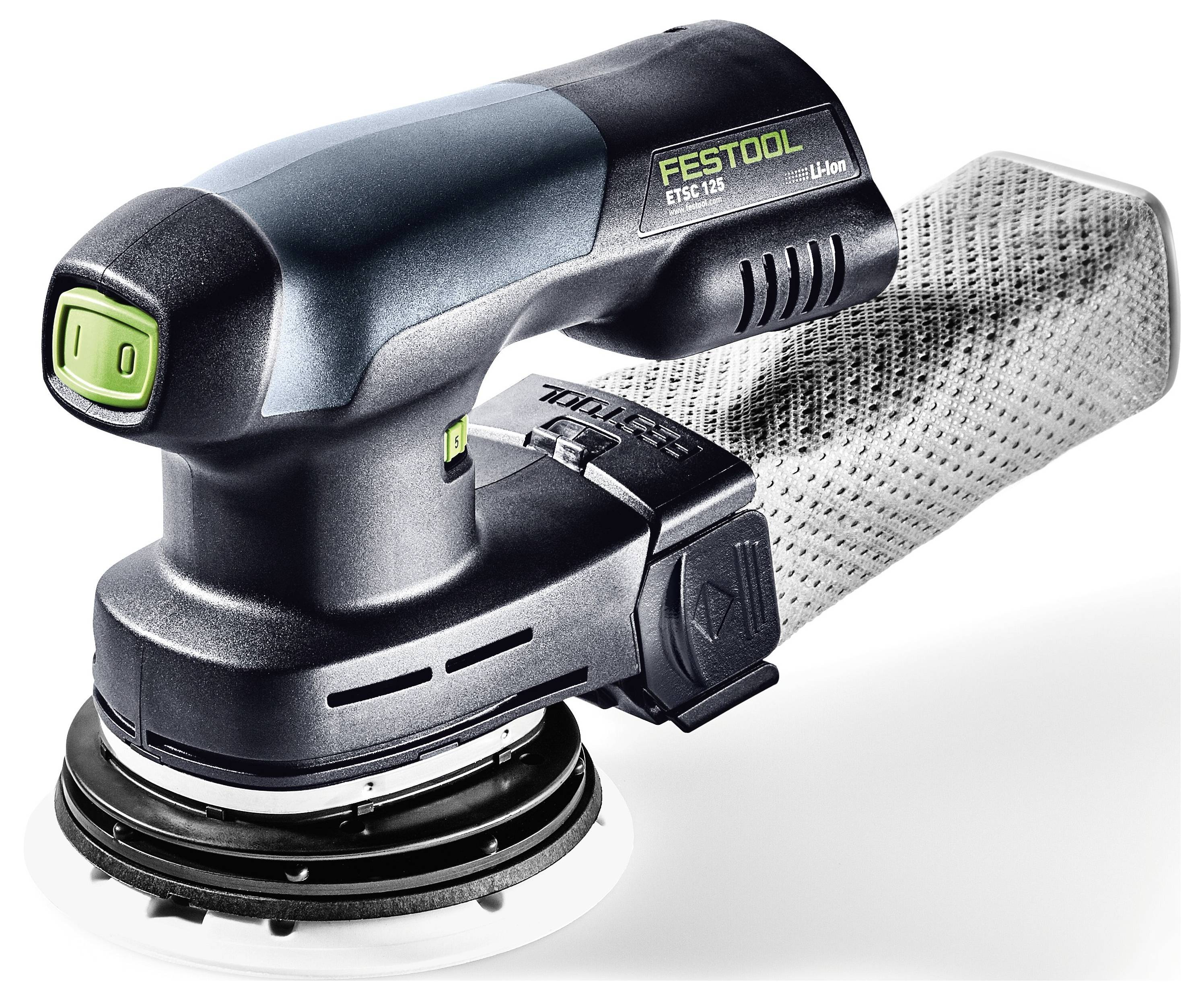 Ein tragbarer Festool ETSC 125 Akku-Schleifer mit angebrachtem Staubbeutel, entwickelt für effizientes und glattes Schleifen von Oberflächen.