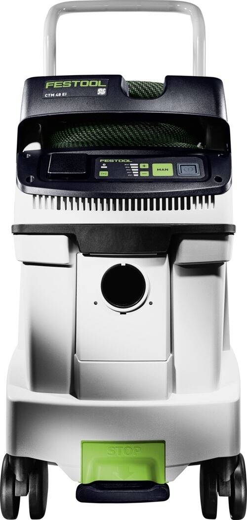 Ein tragbarer Festool-Staubsauger, von vorne gezeigt, mit Rädern, Bedienfeld und sichtbarem Schlauchaufbewahrungsbereich.