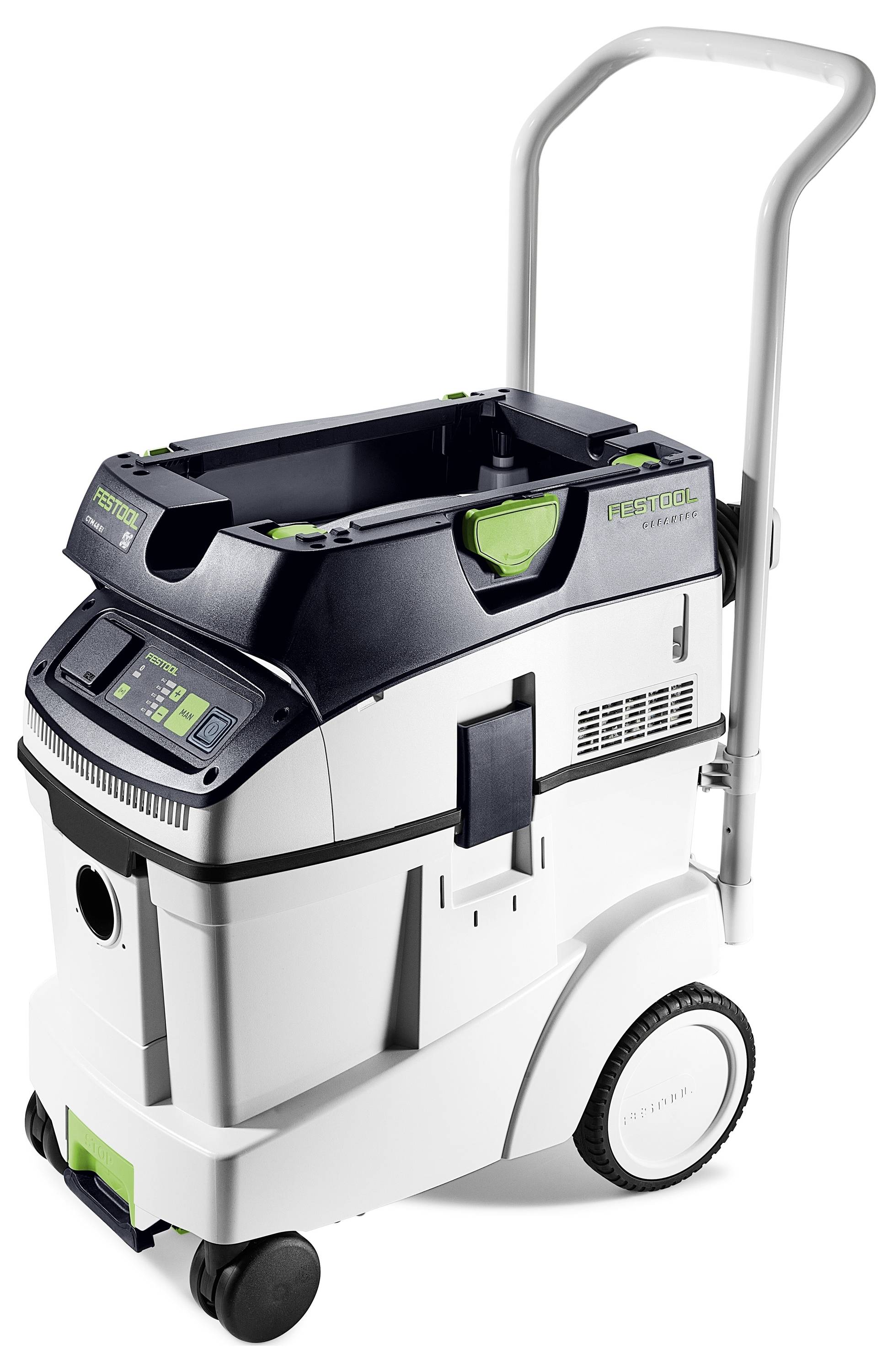 Ein weißer und schwarzer industrieller Staubsauger mit Griff, ausgestattet mit digitalen Bedienelementen und einem kompakten, rechteckigen Design auf Rollen.