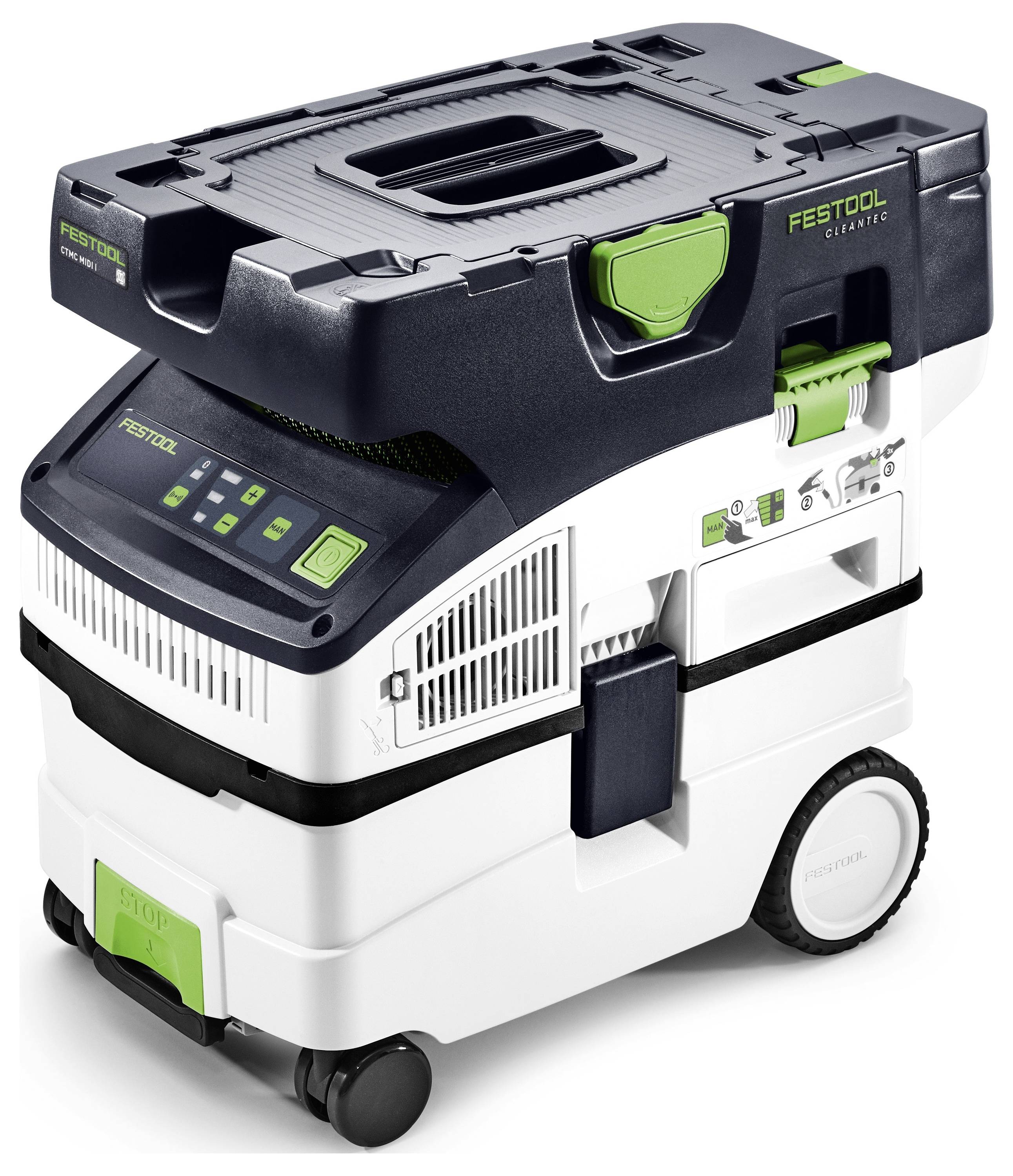 Ein tragbarer Festool Staubsauger mit Rädern, verschiedenen Bedienelementen und einem Griff oben für Mobilität, der für die Verwendung mit Elektrowerkzeugen konzipiert ist.