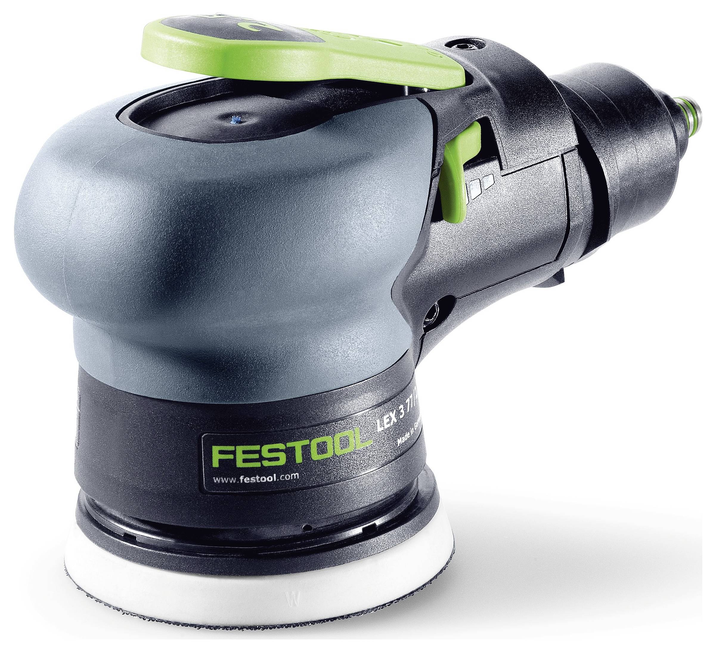 Eine handgeführte Exzenterschleifmaschine mit der Markenbezeichnung 'Festool LEX 3'. Sie hat ein schwarz-grünes Farbdesign und eine rechteckige Grundfläche zum Schleifen.