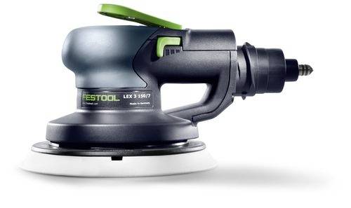 'Festool LEX 3 150/7' Druckluftschleifer auf weißem Hintergrund, der sein ergonomisches Design und den runden Schleifteller zeigt.
