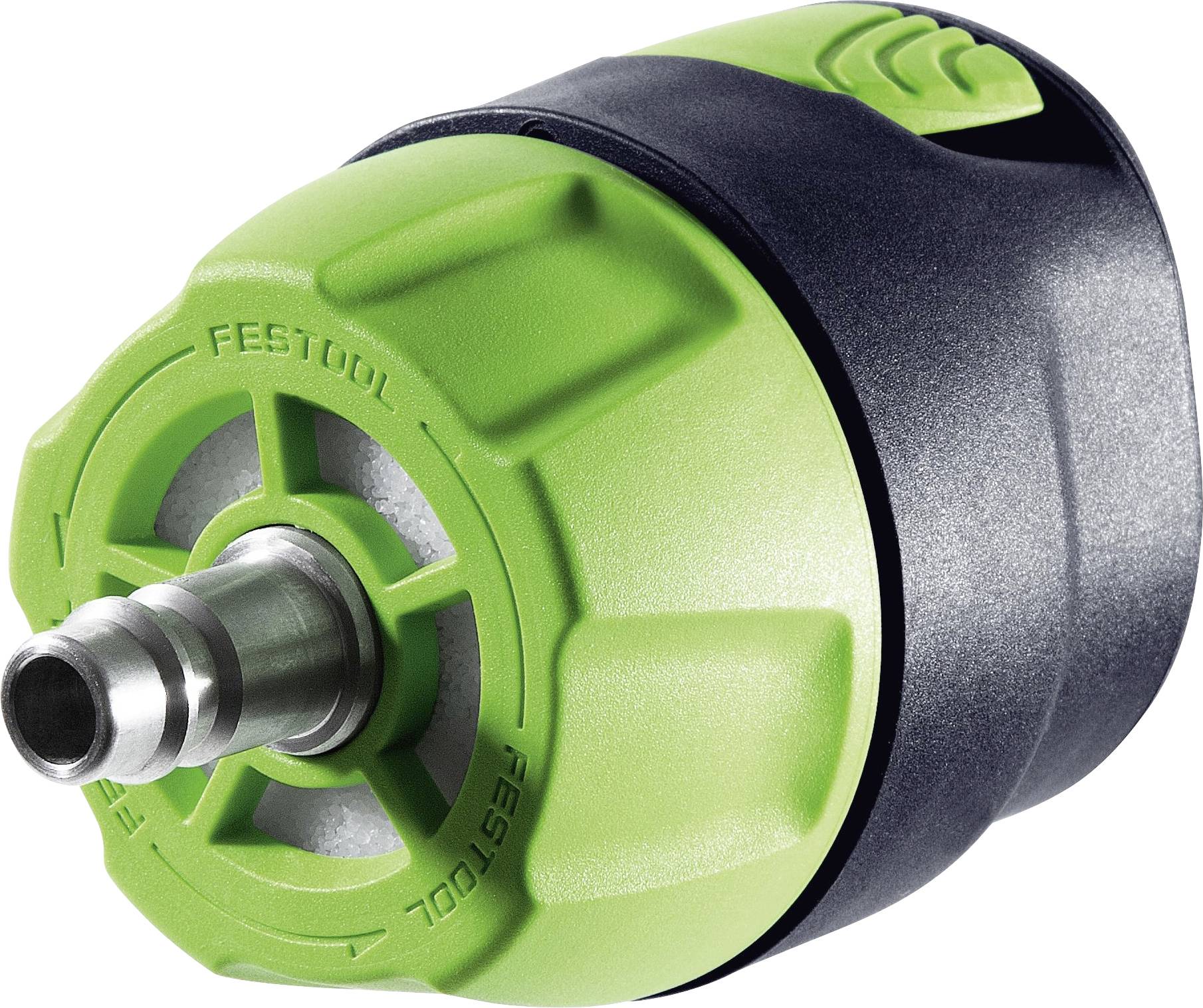 Eine grüne und schwarze Festool Werkzeuganbaueinheit mit einer Metalldüse, die zur Staubabsaugung verwendet wird, aus der Perspektive des Anschlussbereichs betrachtet.