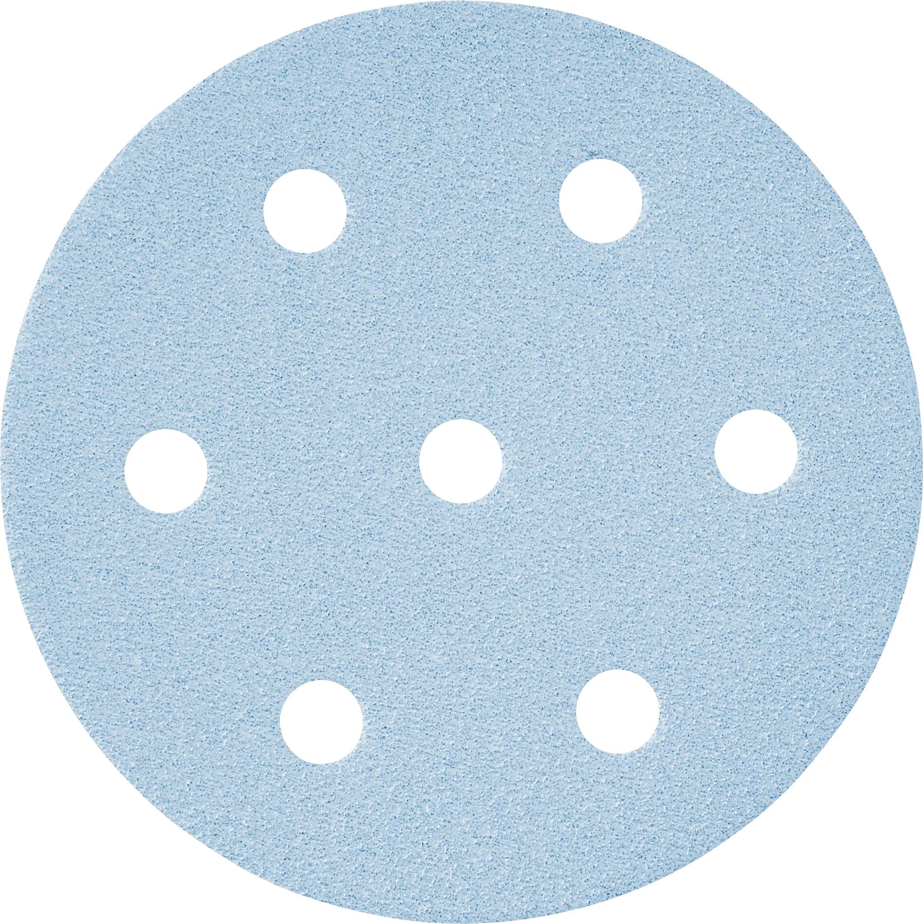 Eine blaue kreisförmige Schleifpapierscheibe mit sieben gleichmäßig über ihre Oberfläche verteilten Löchern.