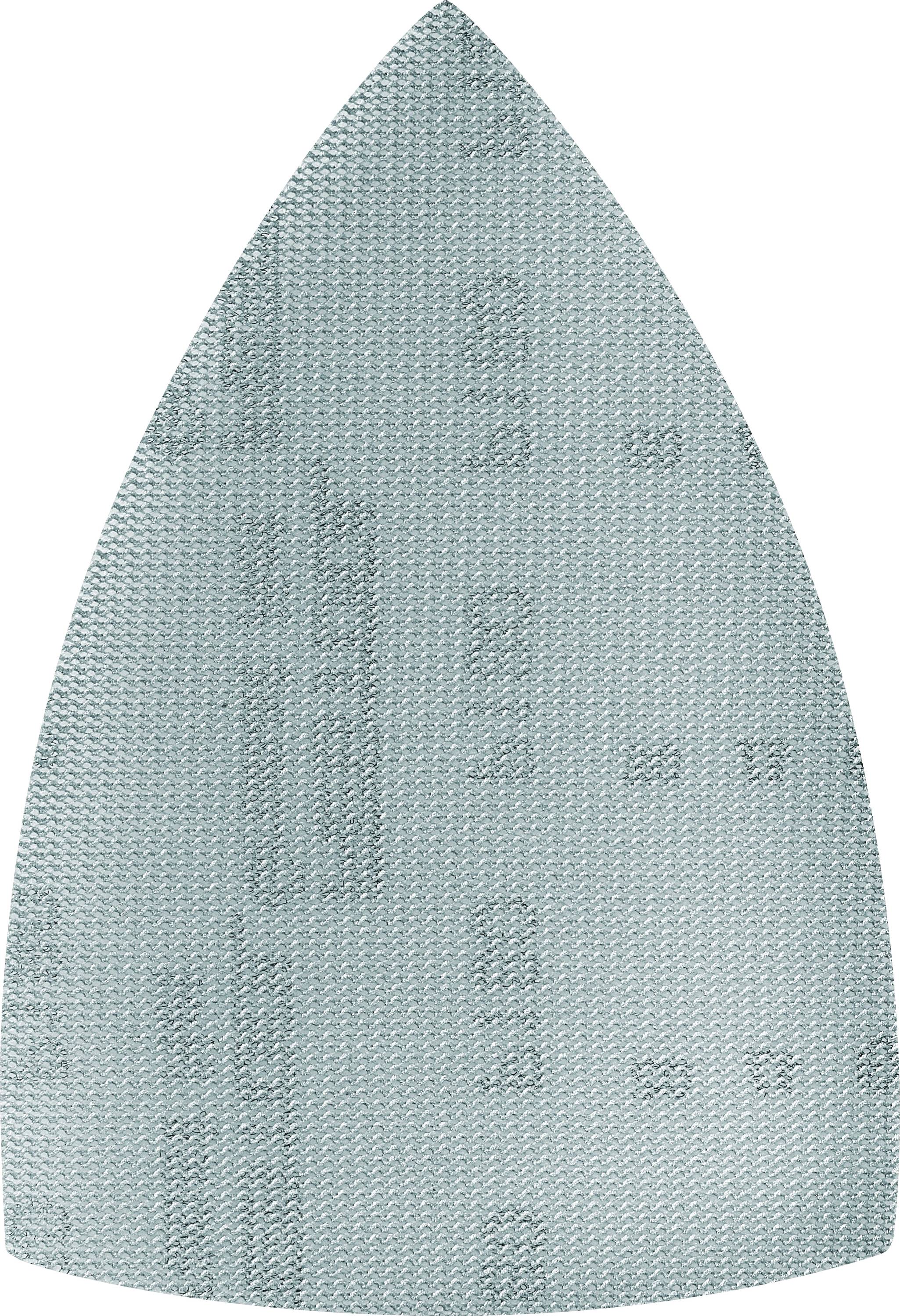 Ein stahlblauer, strukturierter, dreieckiger, schildähnlicher Gegenstand mit einem gleichmäßigen geometrischen Muster auf seiner Oberfläche.