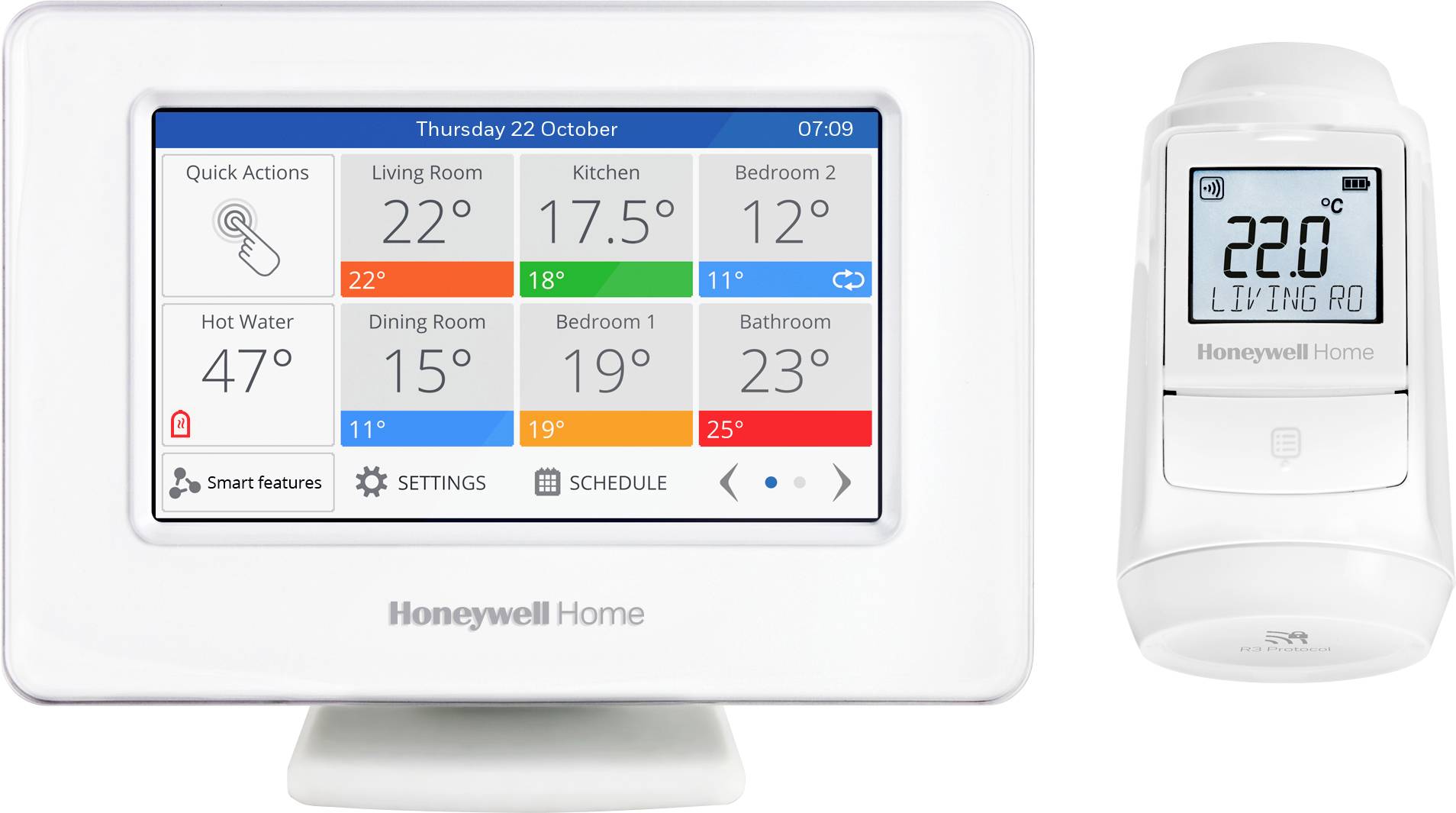 'Honeywell Home' Thermostatbildschirm zeigt Raumtemperaturen: Wohnzimmer 22°C, Küche 17,5°C, Schlafzimmer 1 19°C. Einstellungs- und Zeitplanoptionen sichtbar.