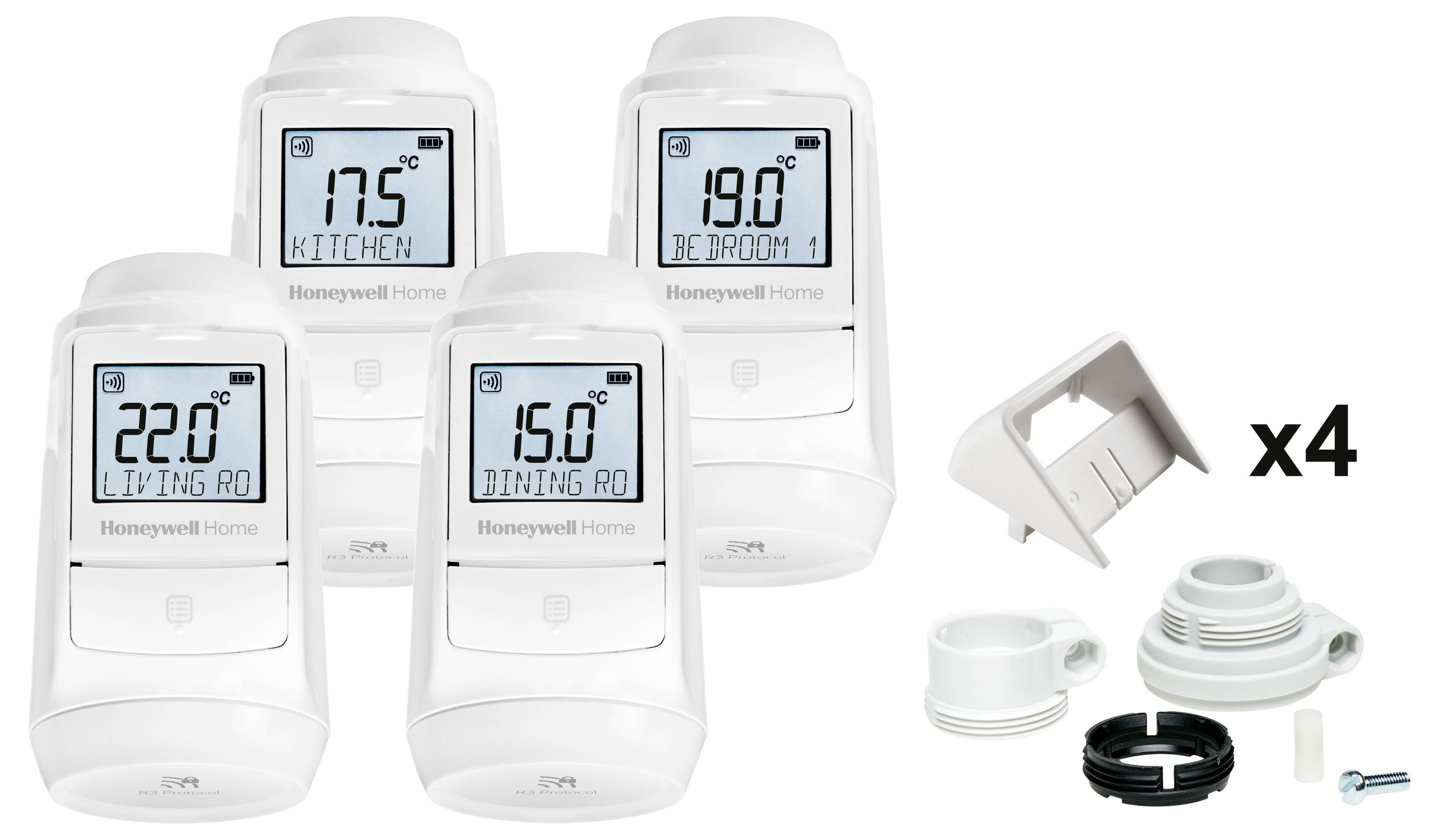 Vier digitale Thermostate zeigen Temperaturen für 'Küche', 'Schlafzimmer 1', 'Wohnzimmer' und 'Esszimmer'. Zubehör rechts abgebildet.