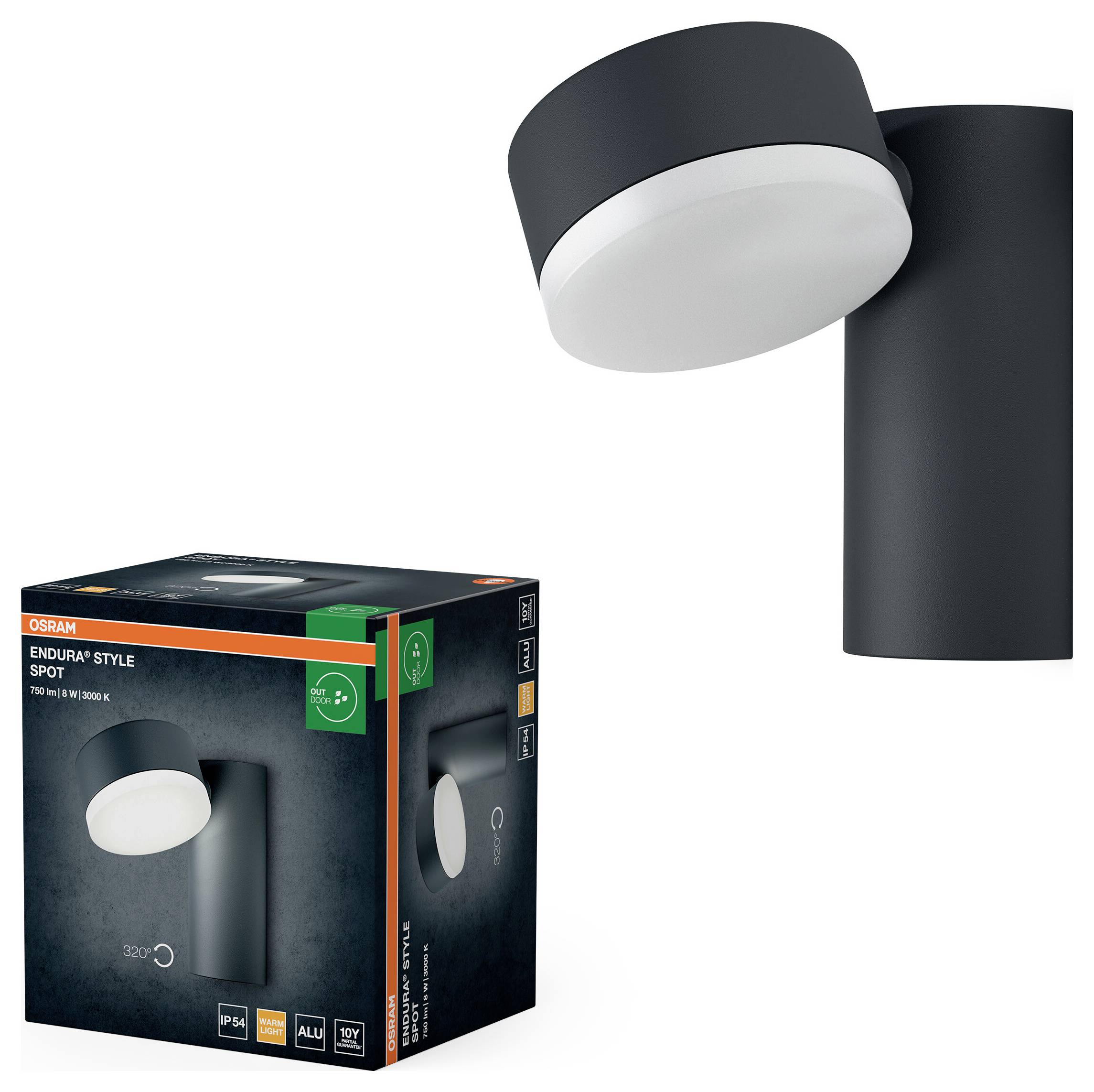 Eine schwarze, wandmontierte LED-Außenleuchte mit ihrer Verpackungsschachtel. Die Schachtel zeigt die Osram-Marke und Produktinformationen: 'Endura Style Spot'.
