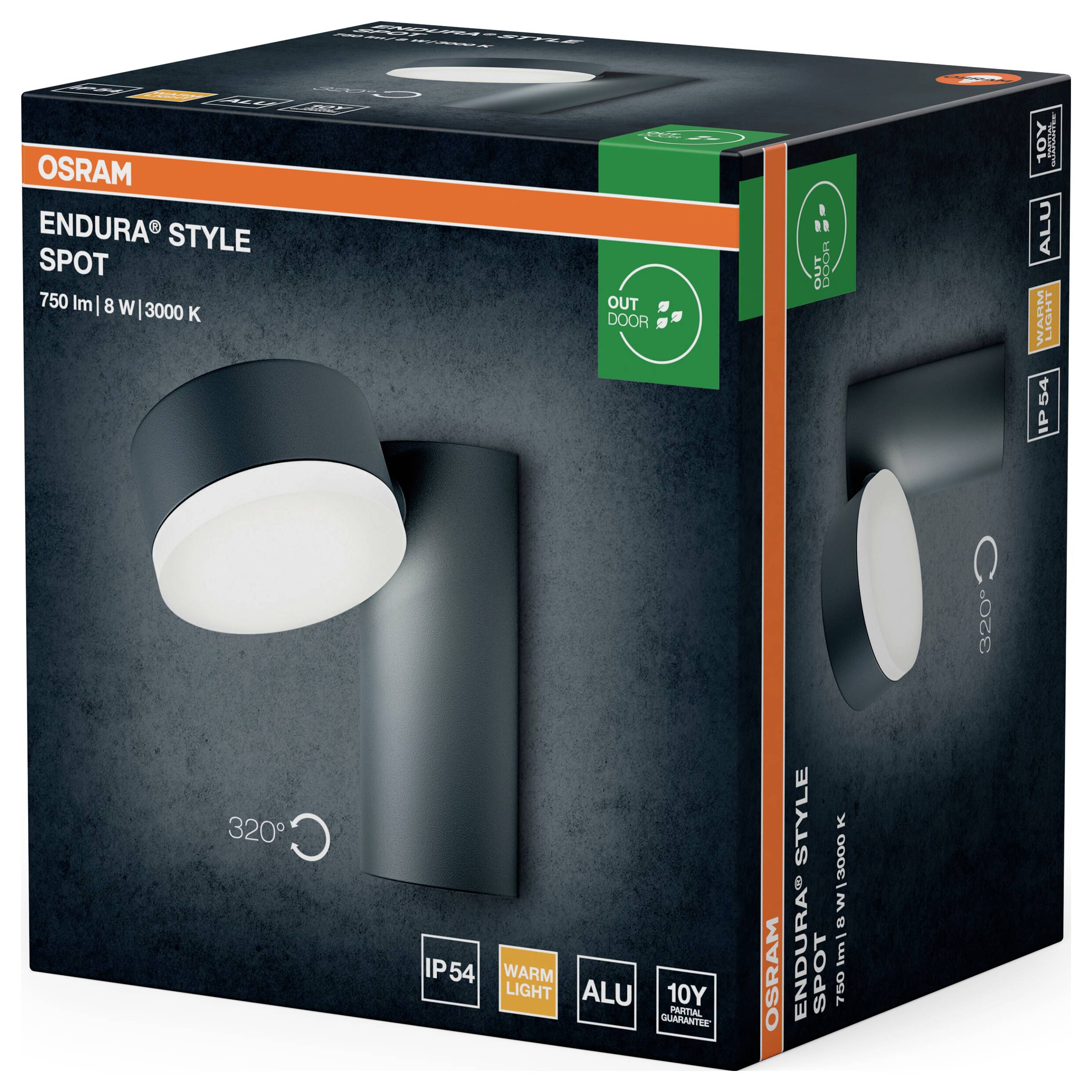 'Osram ENDURA Style Spot' schwarze Außenwandleuchte, 750 Lumen, 8W, 3000K, IP54-Schutz, Aluminium, 10 Jahre Garantie.