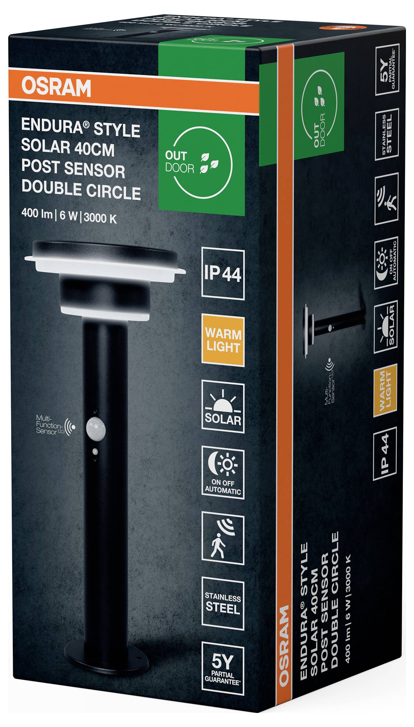 Osram Solar-Powered Outdoor-Standleuchte mit Anzeige der Funktionen: warmes Licht, IP44-Schutzklasse, Solaraufladung, Bewegungssensor, Edelstahl, 5 Jahre Garantie.