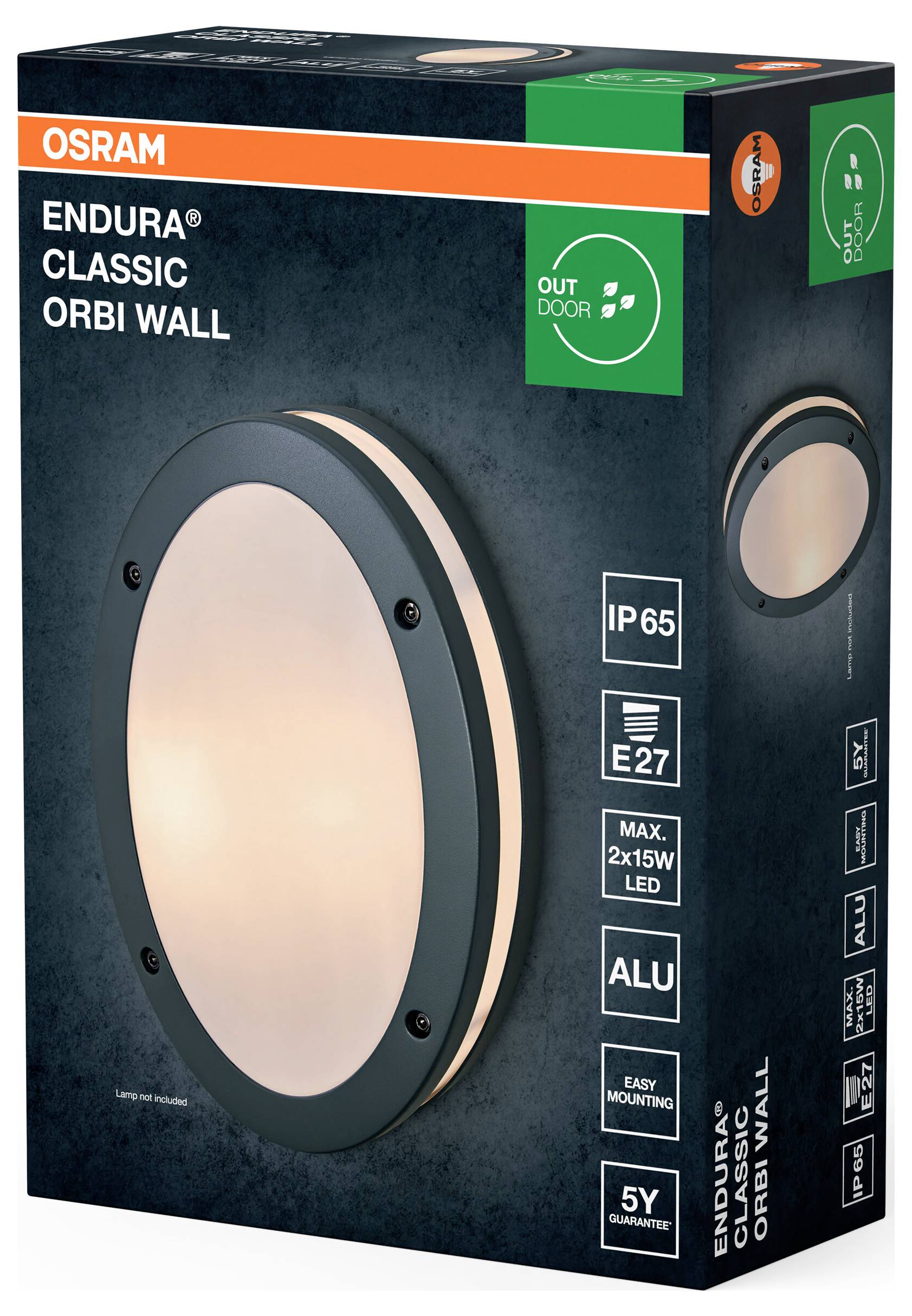 Osram Endura Classic Orbi Wandleuchte für den Außenbereich. Merkmale umfassen IP65-Schutzart, E27-Sockel, max. 2x15W LED, Aluminium und 5 Jahre Garantie.