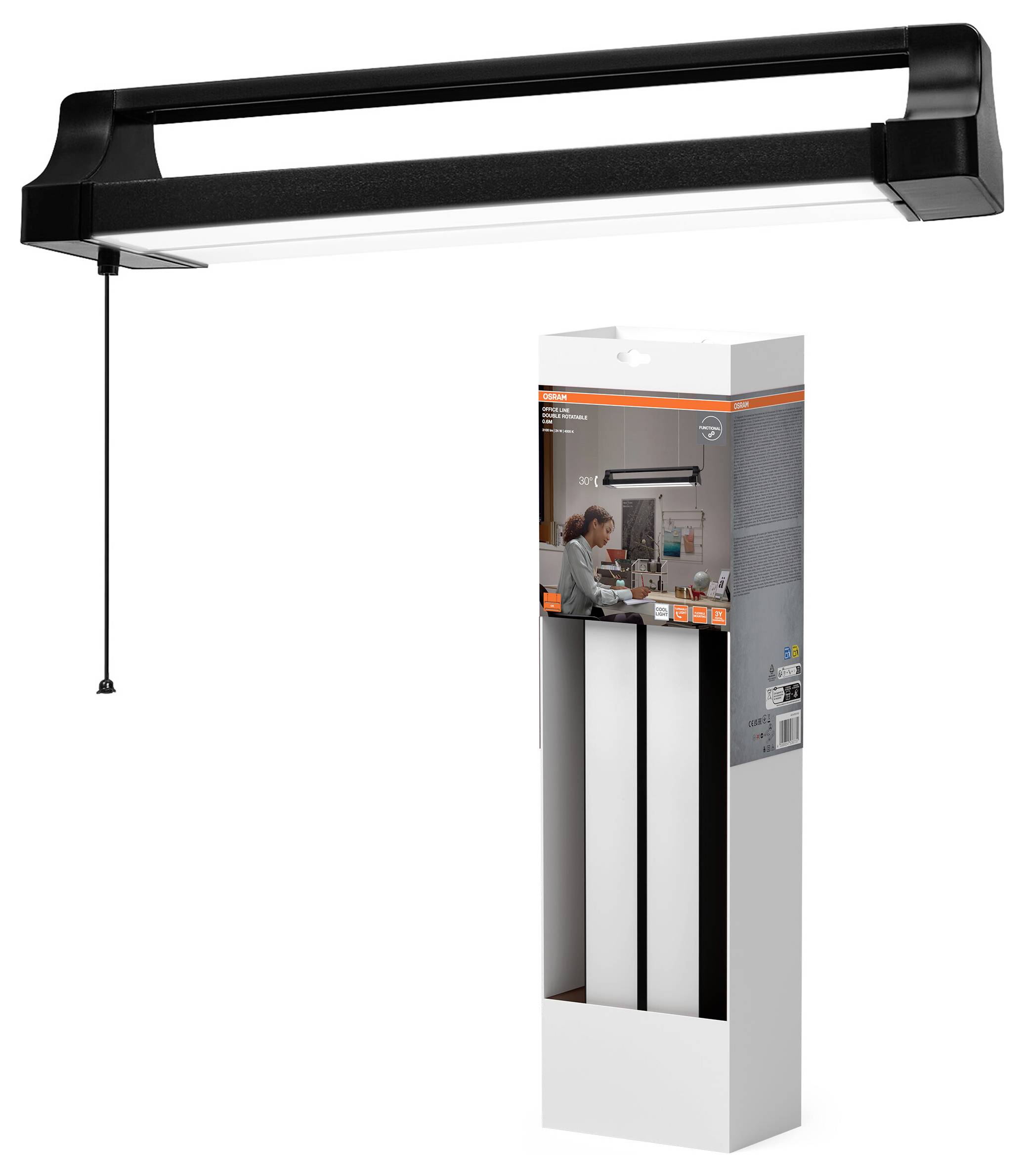 Eine schwarze LED-Werkstattlampe mit Zugschalter, die über ihrer Verpackung hängt. Die Schachtel zeigt ein Bild der Lampe bei der Nutzung über einem Arbeitsbereich.