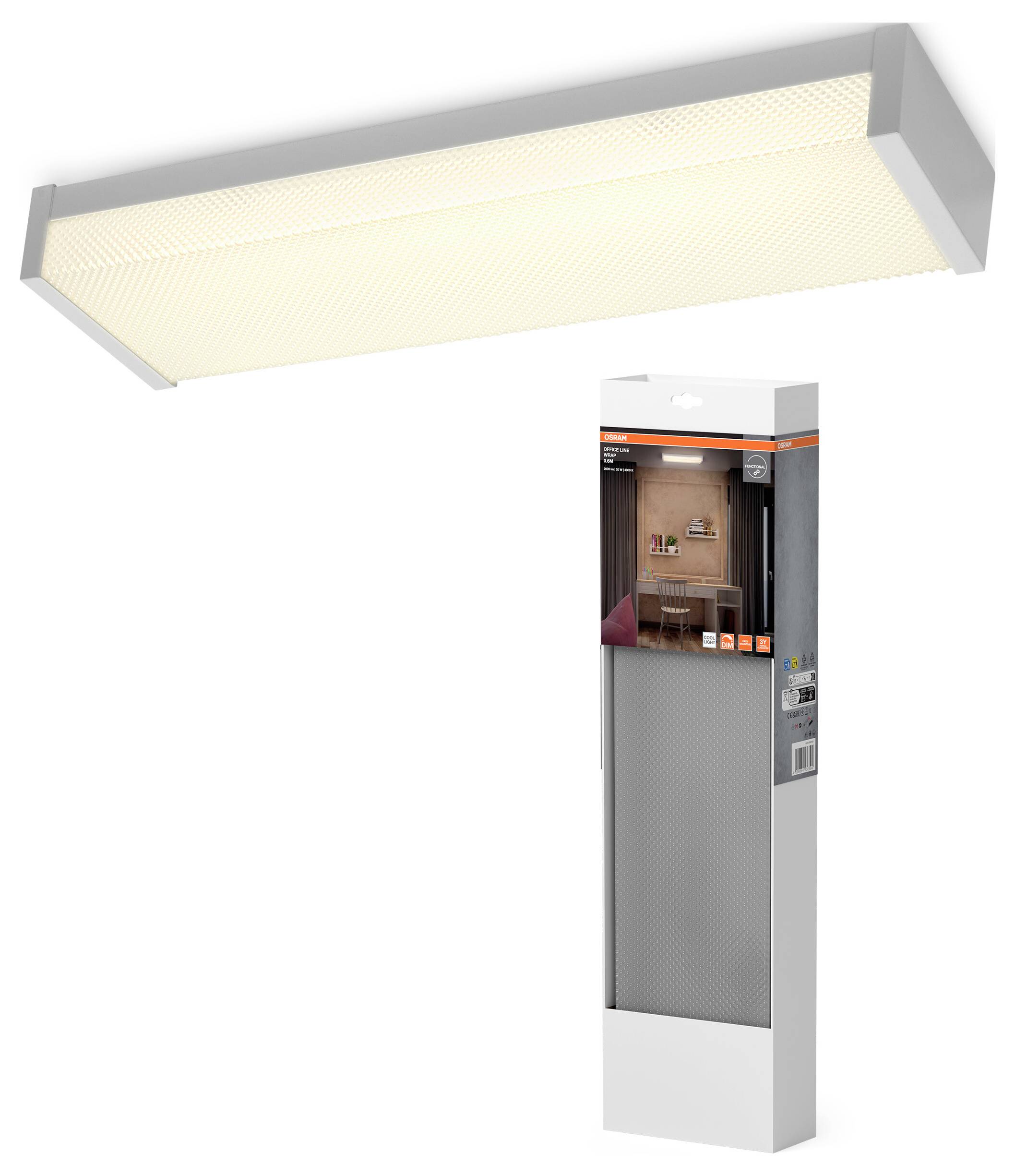 Rechteckige Deckenleuchte mit weißem Gehäuse und Diffusor, abgebildet neben ihrer Verpackung, die das Produkt in einer Raumgestaltung zeigt.