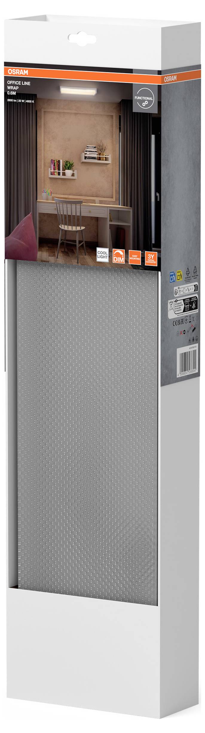 Eine Verpackung, die einen grauen Verdunkelungsvorhangeinsatz enthält, mit einem Bild eines Holzraumambientes, das einen Tisch und einen Stuhl im Hintergrund zeigt.