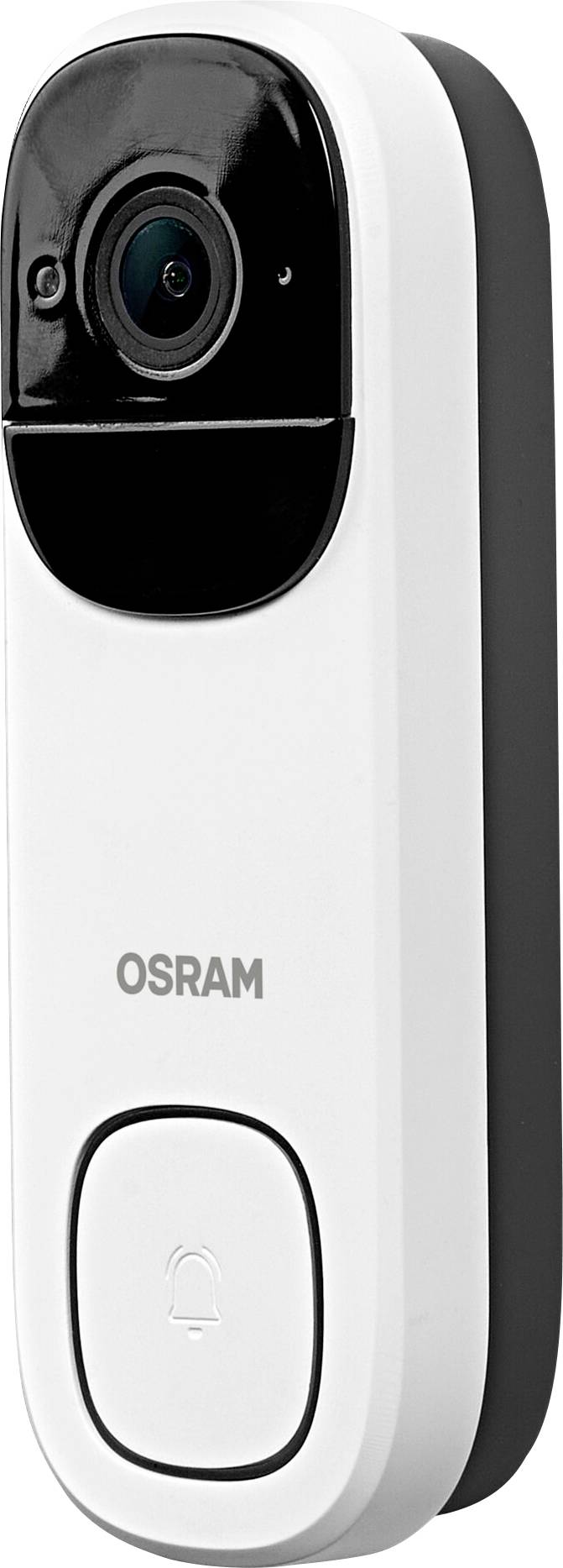 Eine weiße und schwarze Smart-Türklingel mit einer Kameraobjektiv am oberen Rand und dem Wort 'OSRAM', das unterhalb des Objektivs gedruckt ist.