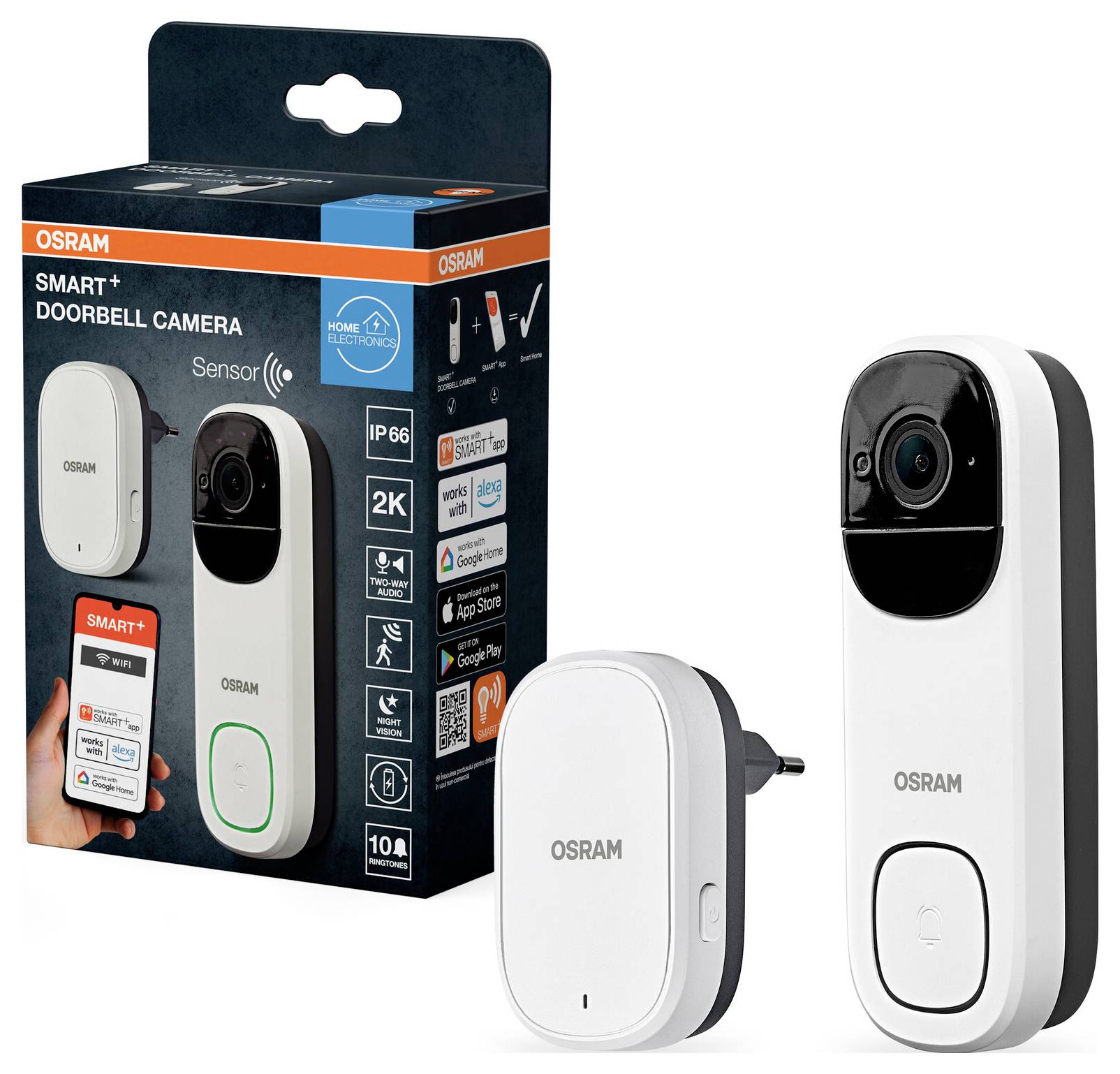 OSRAM Smart+ Türklingel-Kamera Verpackung und Gerätedarstellung. Merkmale umfassen eine 2K-Auflösung und IP66-Schutzklasse, geeignet für die Heimüberwachung.