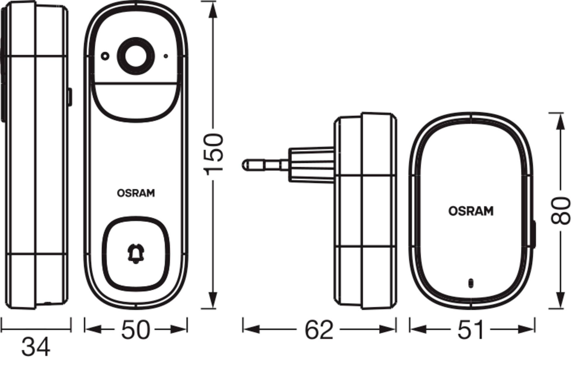 Diagramm der Abmessungen von Türklingel und Empfänger. Türklingel: 150 mm Höhe, 50 mm Breite. Empfänger: 80 mm Höhe, 62 mm Breite. Marke: OSRAM.