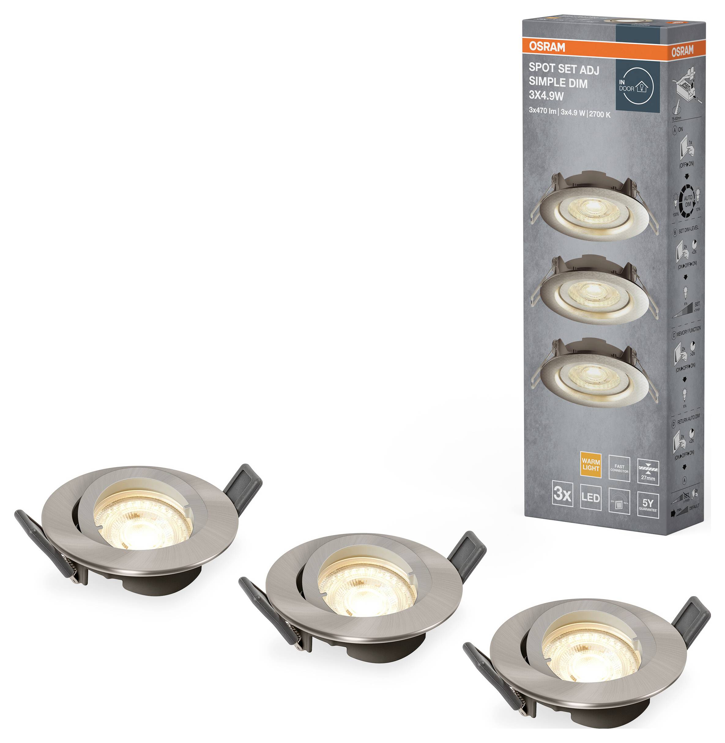 OSRAM 4099854445828 LED SPOT SET RECESS SIMPLE DIM 3 x 4.9W 2700K Brushed Nickel LED-Deckenstrahler 4.90W