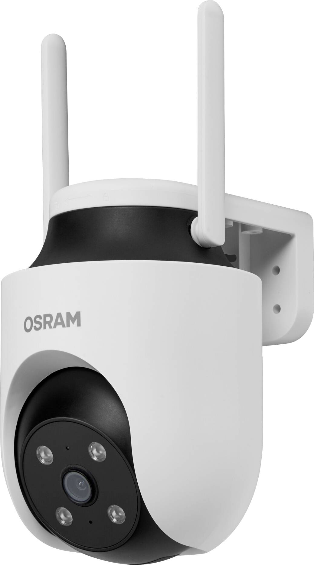 Eine weiße und schwarze Sicherheitskamera mit Antennen, mit der Aufschrift „OSRAM