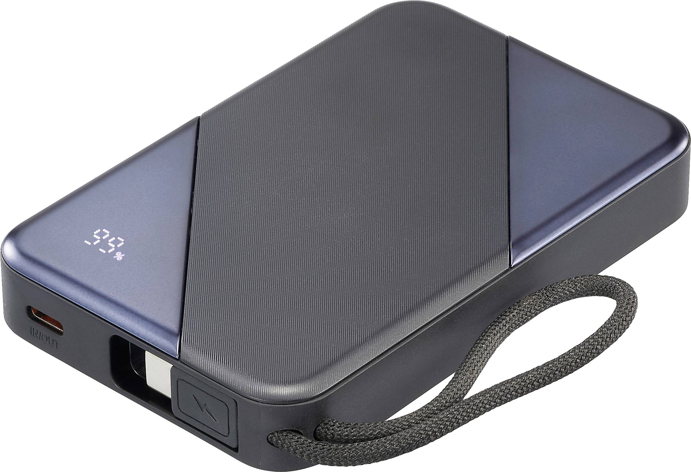 Eine kompakte, rechteckige schwarze Powerbank mit digitalem Display zur Anzeige des Ladestands, ausgestattet mit einer Schlaufe und mehreren Ladeanschlüssen.
