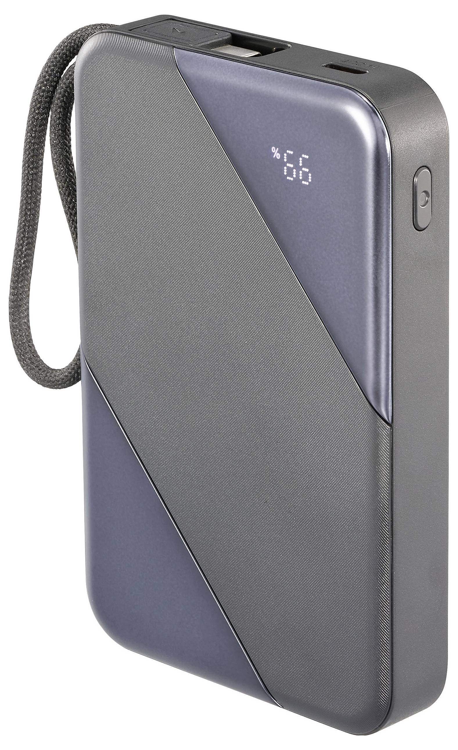 Eine elegante Powerbank mit dunklem, kantigem Design, digitaler Anzeige mit der Angabe „66 %