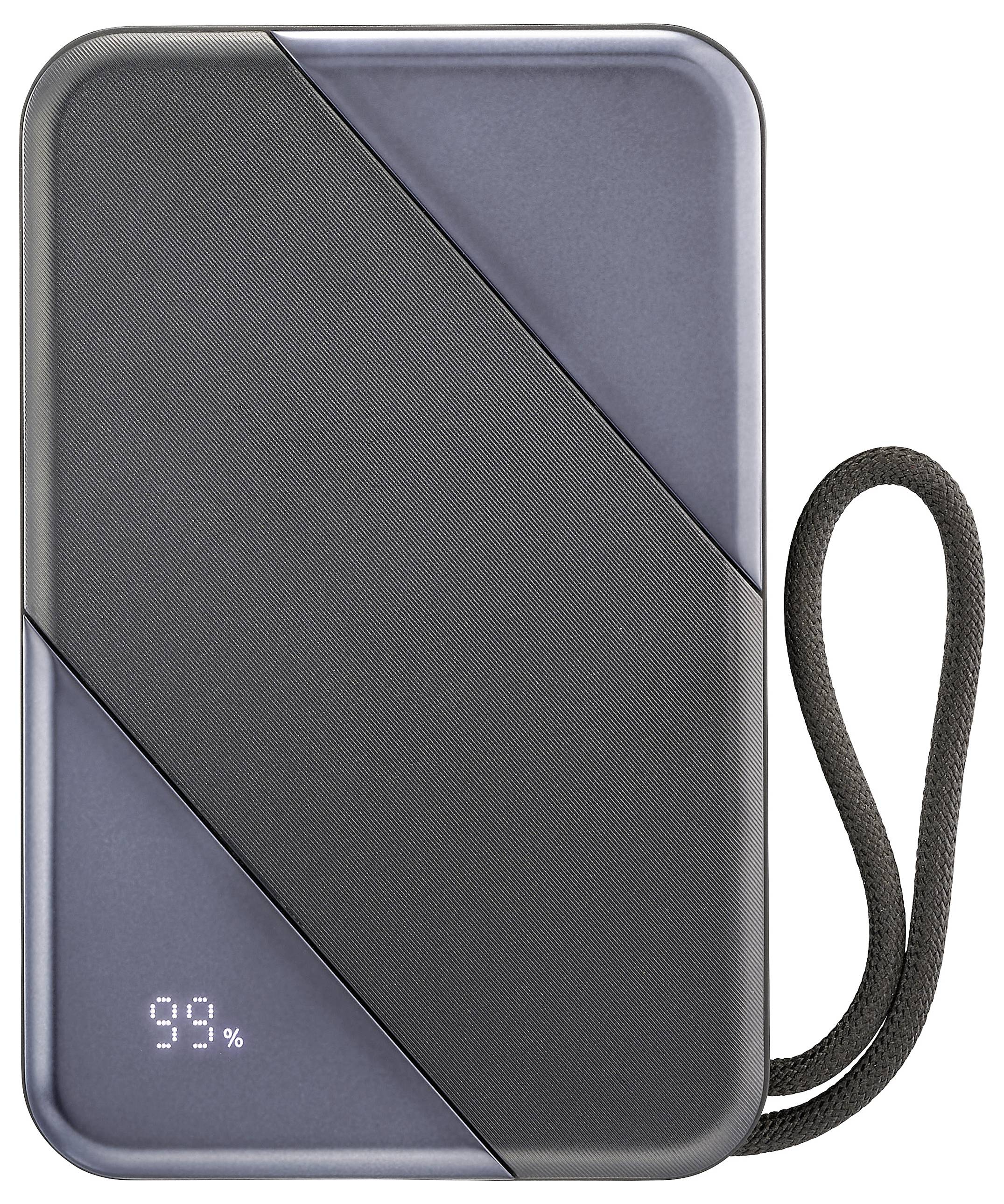 Eine rechteckige tragbare Powerbank mit digitalem Display, das „99%