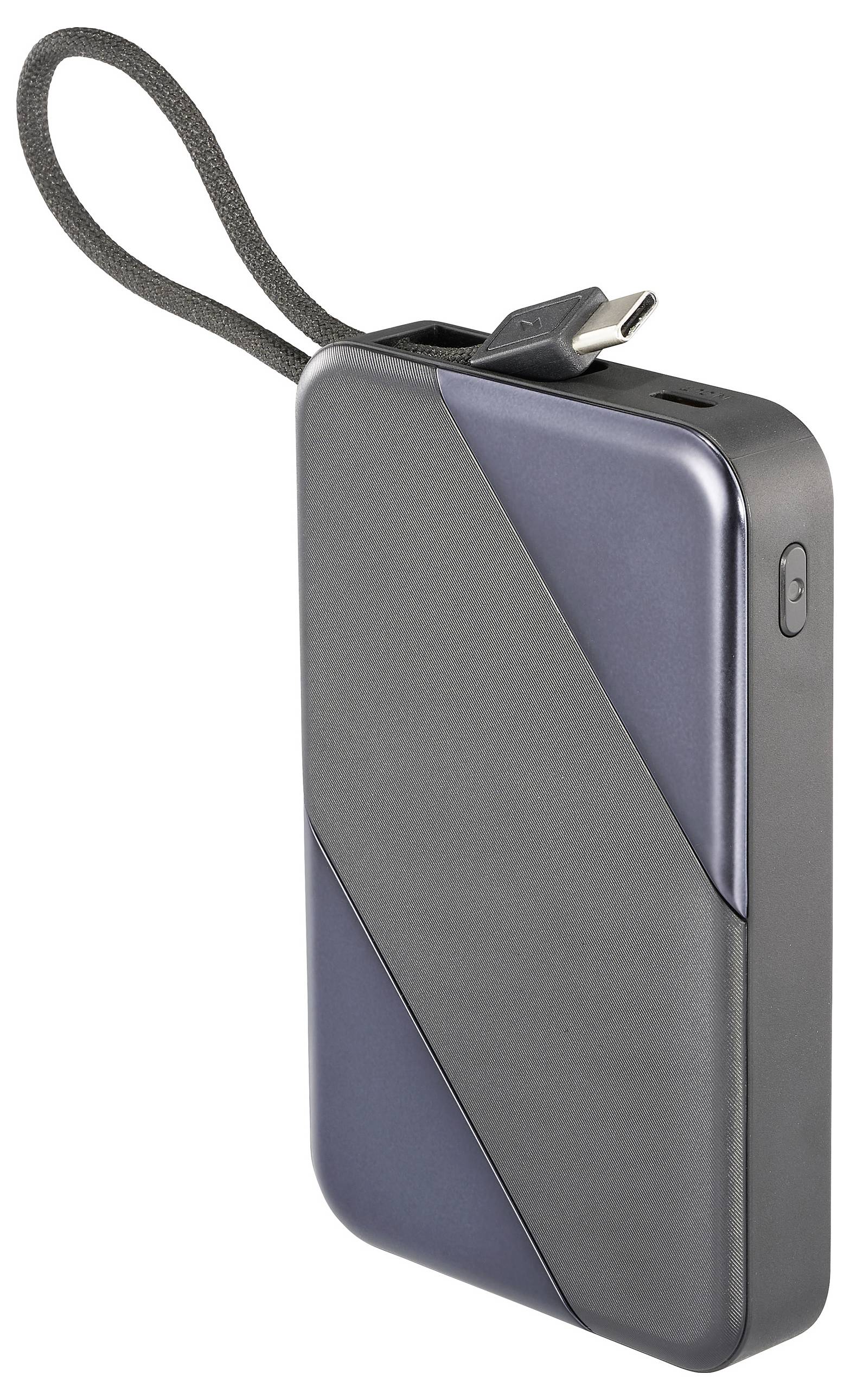 Eine elegante, tragbare Powerbank mit geometrischem Design, ausgestattet mit einem integrierten USB-Kabel an der Oberseite und einer Betriebstaste an der Seite.