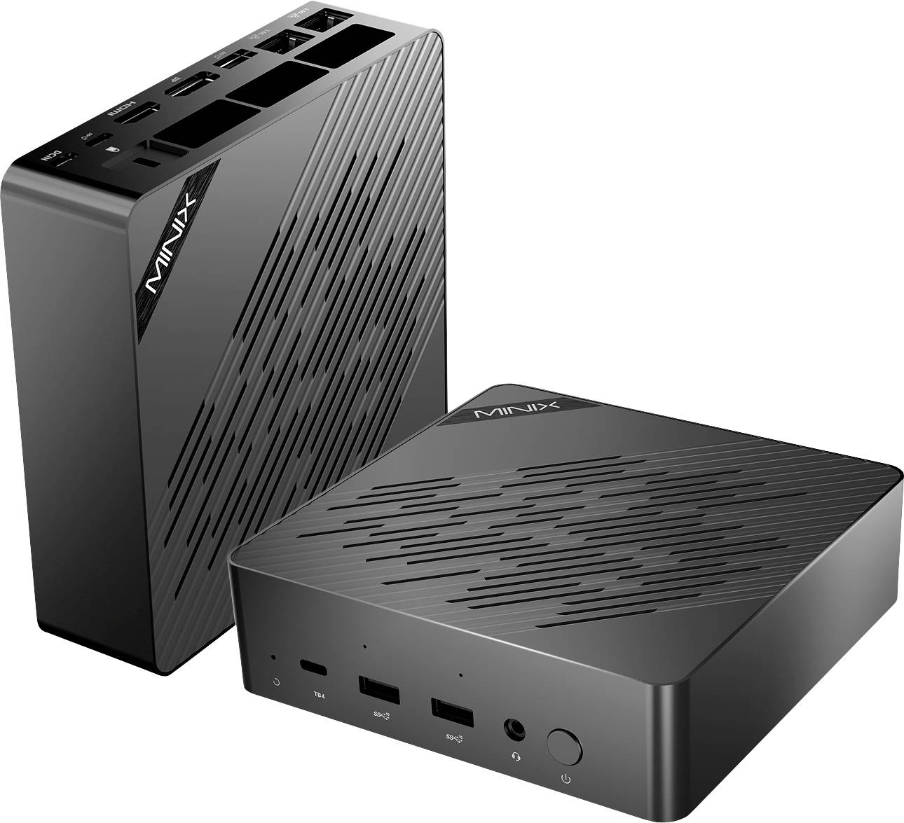 MINIX-markierte schwarze Mini-PCs; einer steht aufrecht und zeigt die Anschlüsse, der andere liegt flach und präsentiert eine gemusterte Oberfläche.