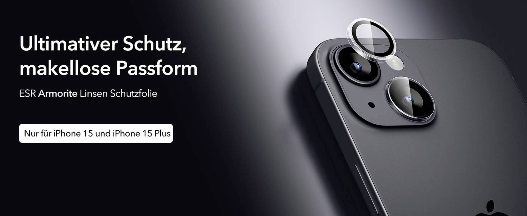 Das Bild zeigt ein Smartphone mit einer Kamera-Linsenschutzfolie. Text: 'Ultimativer Schutz, makellose Passform'. Nur für iPhone 15 und iPhone 15 Plus.