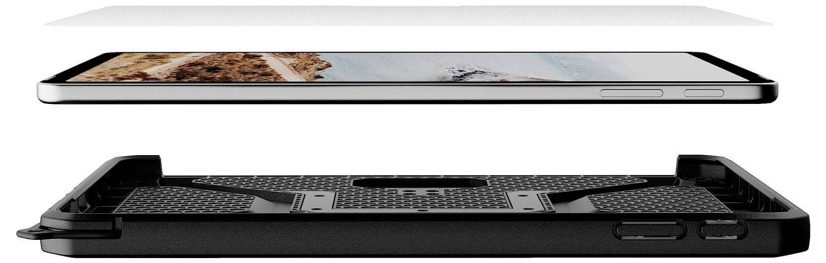 Explosionszeichnung eines Smartphone-Gehäuses, die eine Seitenansicht des Telefons über dem geöffneten Schutzgehäuse zeigt und Design und Passgenauigkeit hervorhebt.