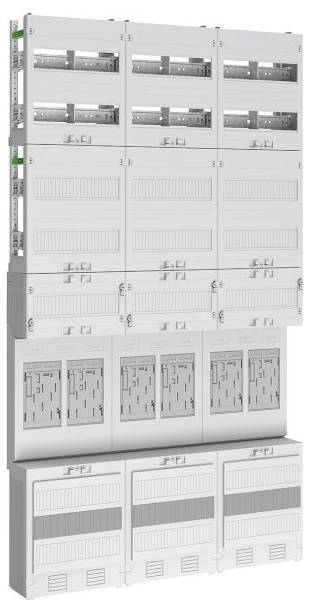 Ein modularer Elektroverteiler mit mehreren Sicherungsautomaten und Fächern, die in Reihen angeordnet sind, zur Stromverwaltung und -verteilung.