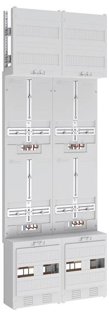 Ein vertikaler Stapel von sechs weißen elektrischen Verteilerkästen mit sichtbaren Sicherungsautomaten, die zur Unterbringung und Verwaltung mehrerer Anschlüsse verwendet werden.