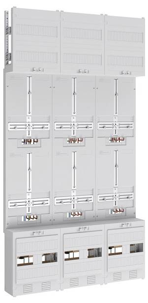 Das Bild zeigt eine große, vertikale Elektrotafel mit mehreren Reihen und Spalten von Sicherungsautomaten. Jeder Abschnitt ist geordnet und einheitlich gestaltet.