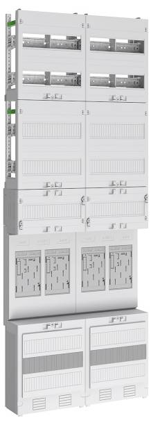 Ein Stapel grauer modularer Elektroschränke mit mehreren Fächern, die zum Unterbringen von Sicherungsautomaten und anderen elektrischen Komponenten entwickelt wurden.