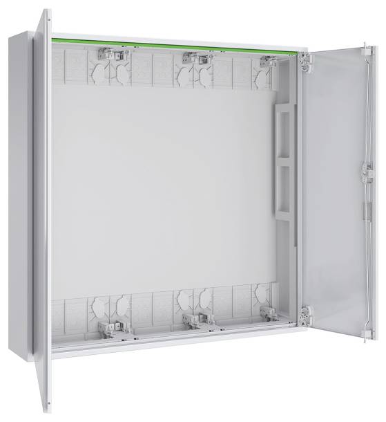 Ein offenes Elektroverteilerkästen mit einem metallischen Rahmen, der ein leeres Inneres und Türscharniere zeigt.