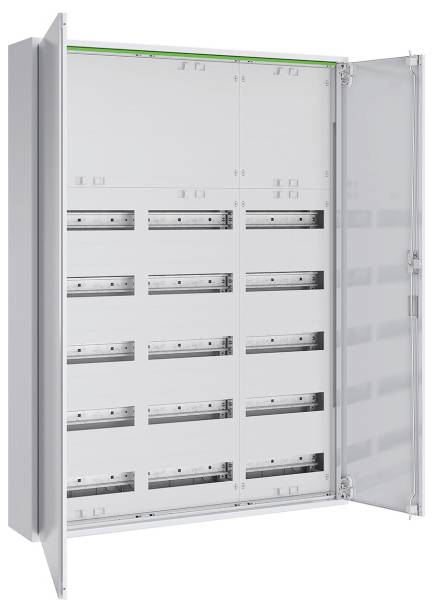 Ein offener Elektroschrank, der mehrere leere Reihen von Steckplätzen zeigt, die für die Aufnahme von Sicherungsautomaten oder elektrischen Komponenten ausgelegt sind.